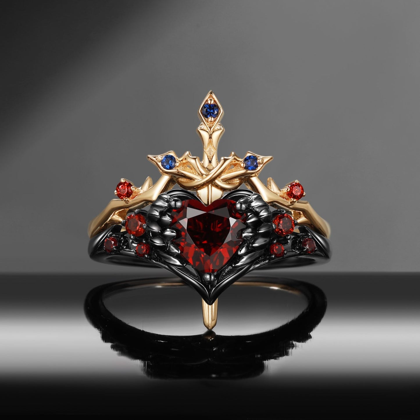 'Pierced Heart' - Gothic Style Garnet Heart Sword Ring Two-Tone Bridal Set 2pcs
