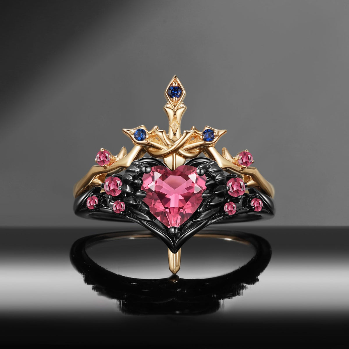 'Pierced Heart' - Gothic Inspired Natural Pink Tourmaline Heart Sword Ring Two-Tone Bridal Set