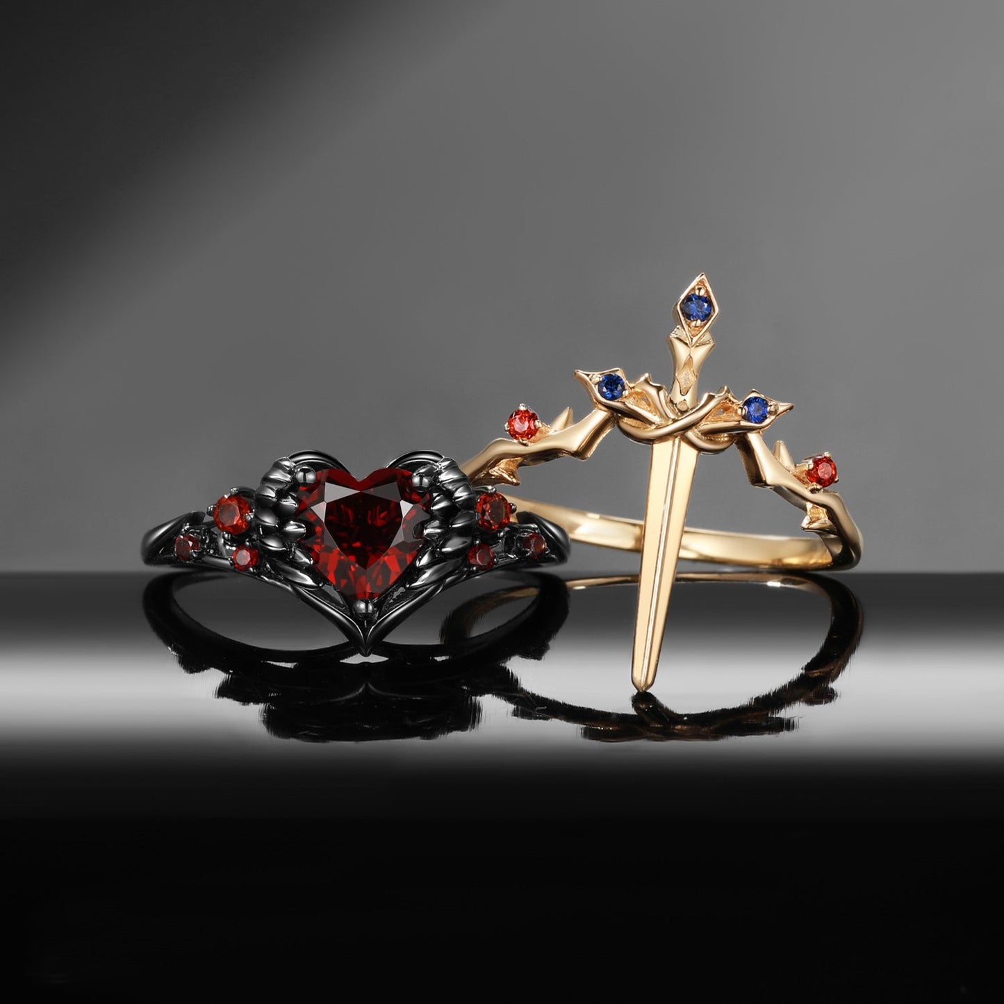 'Pierced Heart' - Gothic Style Garnet Heart Sword Ring Two-Tone Bridal Set 2pcs
