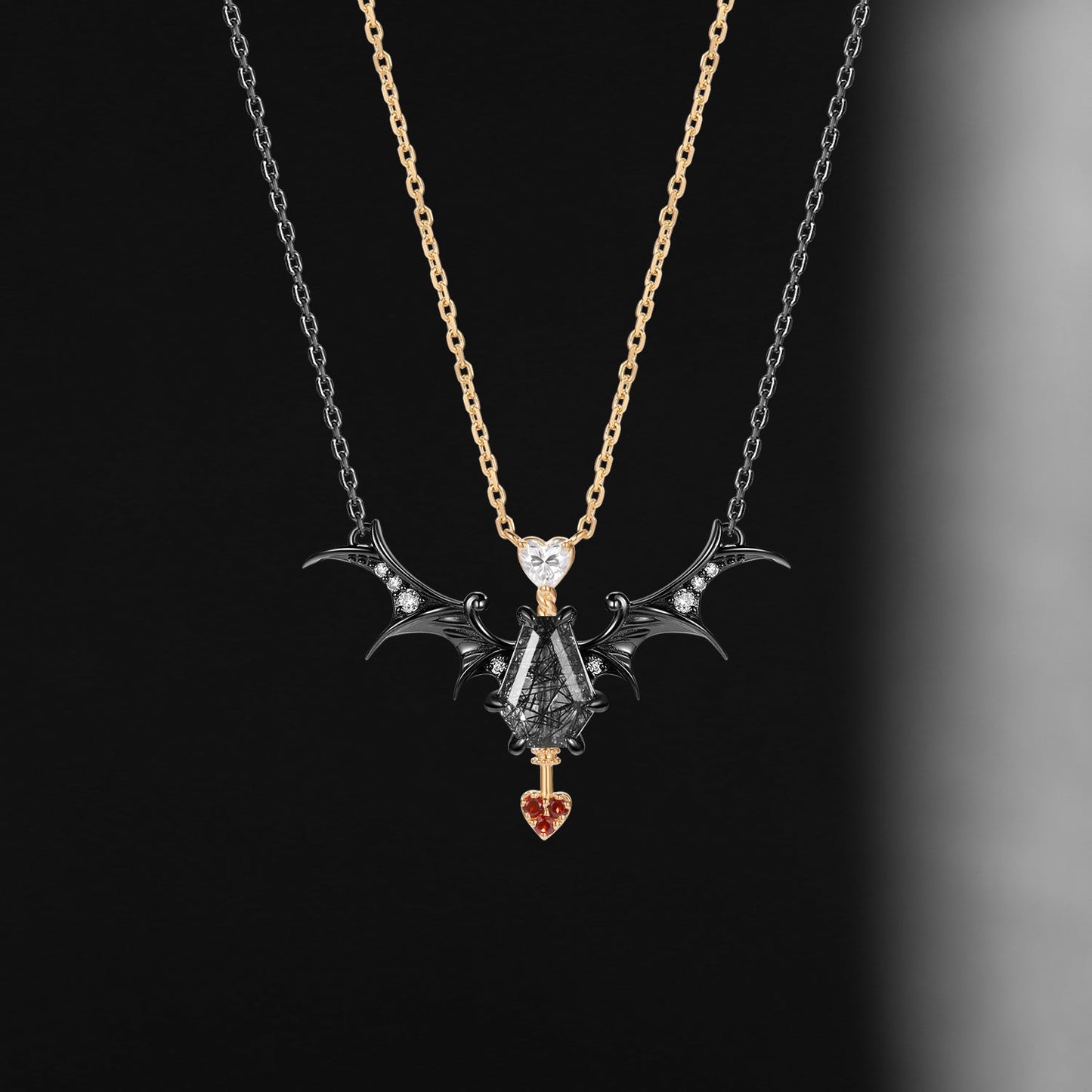Gothic Style Coffin Black Rutilated Quartz Two-Tone Bat Wing Couple Necklaces Set 2pcs - 'Dark Arrow of Love'