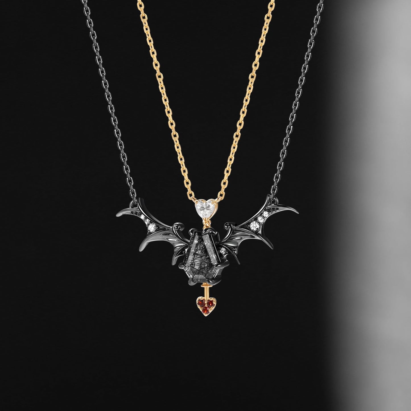Gothic Style Coffin Black Rutilated Quartz Two-Tone Bat Wing Couple Necklaces Set 2pcs - 'Dark Arrow of Love'