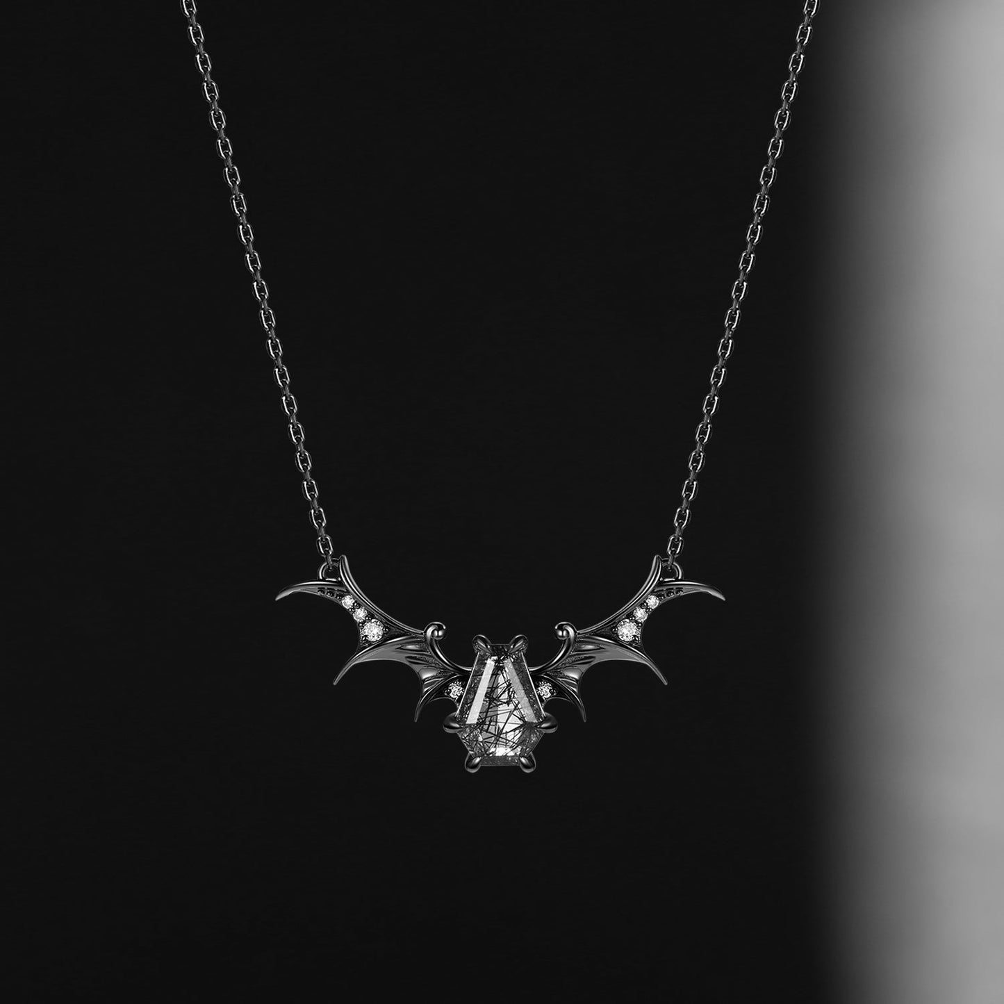 Gothic Style Coffin Black Rutilated Quartz Two-Tone Bat Wing Couple Necklaces Set 2pcs - 'Dark Arrow of Love'