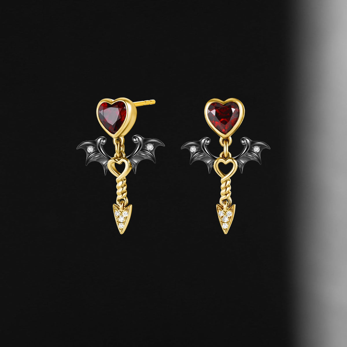 Gothic Bat Inspired Heart Shaped Garnet Earrings - 'Dark Arrow of Love'