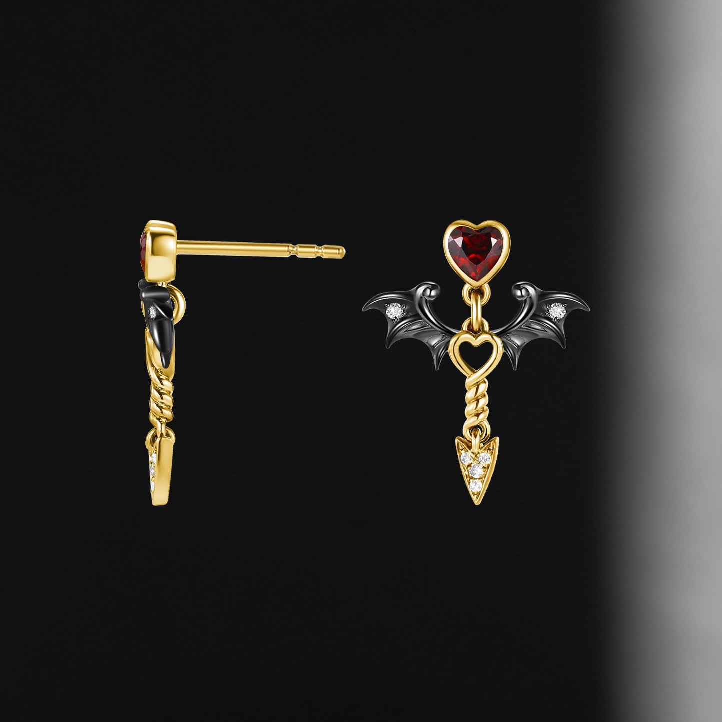 Gothic Bat Inspired Heart Shaped Garnet Earrings - 'Dark Arrow of Love'