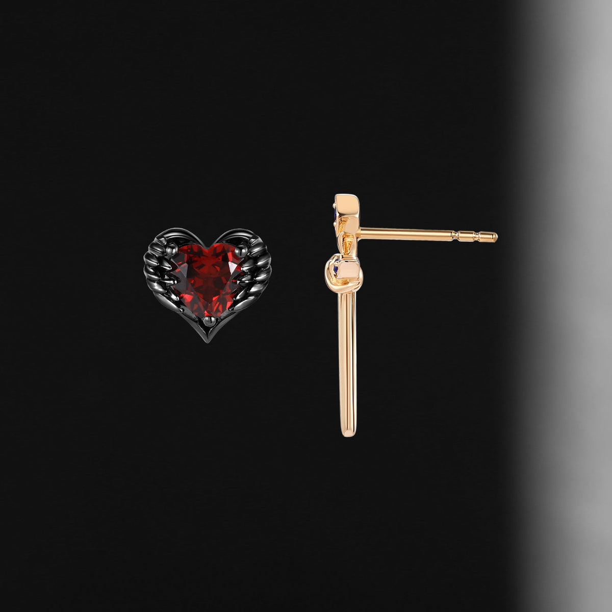 Unique Gothic Style Heart Shaped Garnet & Sapphire Sword Earrings - 'Pierced Heart'