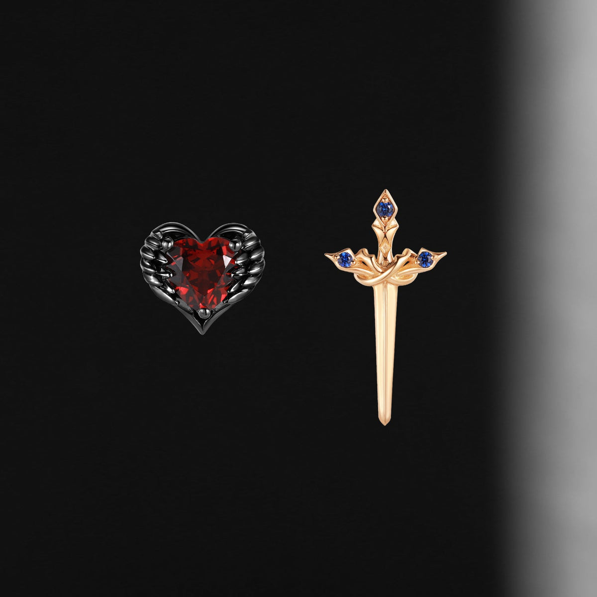 Unique Gothic Style Heart Shaped Garnet & Sapphire Sword Earrings - 'Pierced Heart'