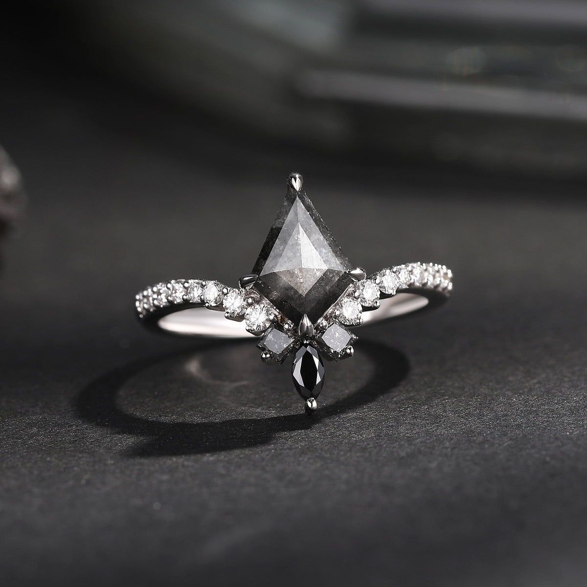 Art Deco Kite Cut Natural Salt & Pepper Diamond Engagement Ring – Chevron Band with Diamond Accents
