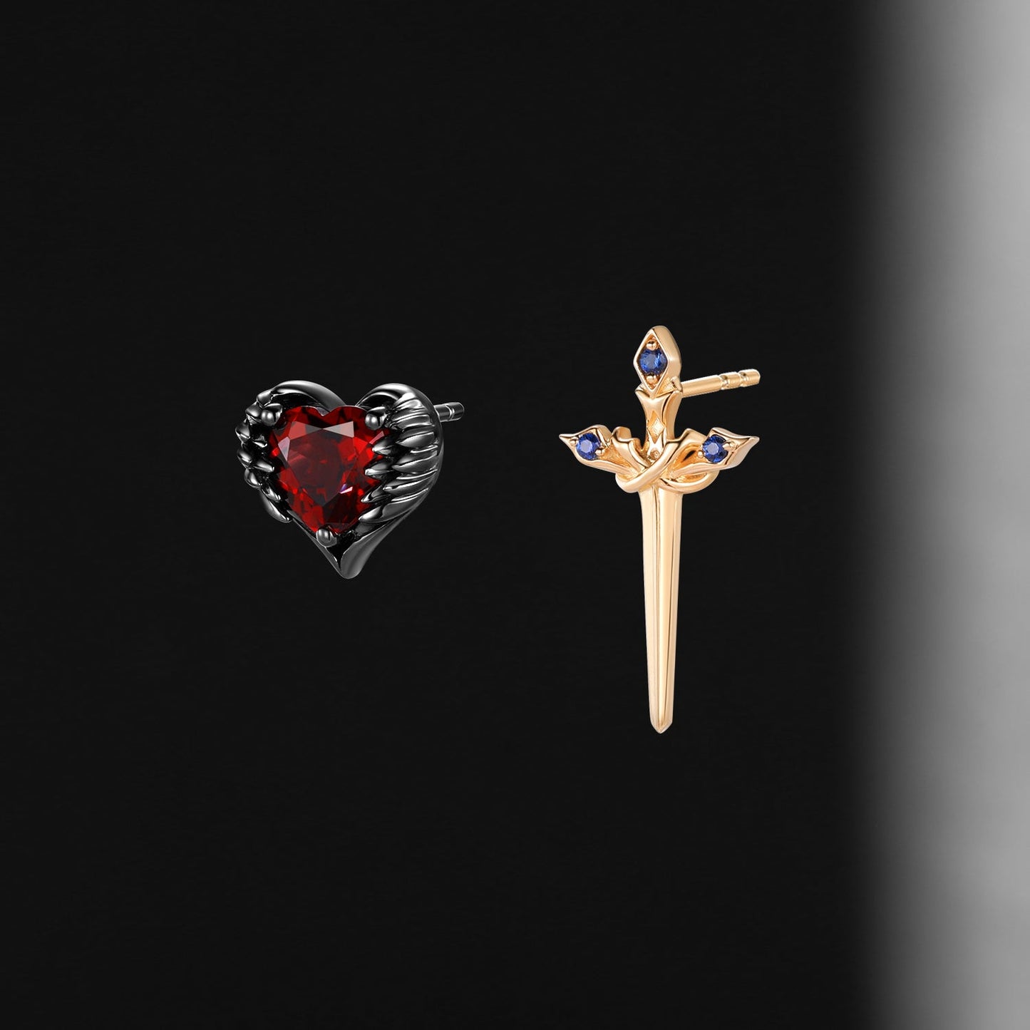 Unique Gothic Style Heart Shaped Garnet & Sapphire Sword Earrings - 'Pierced Heart'