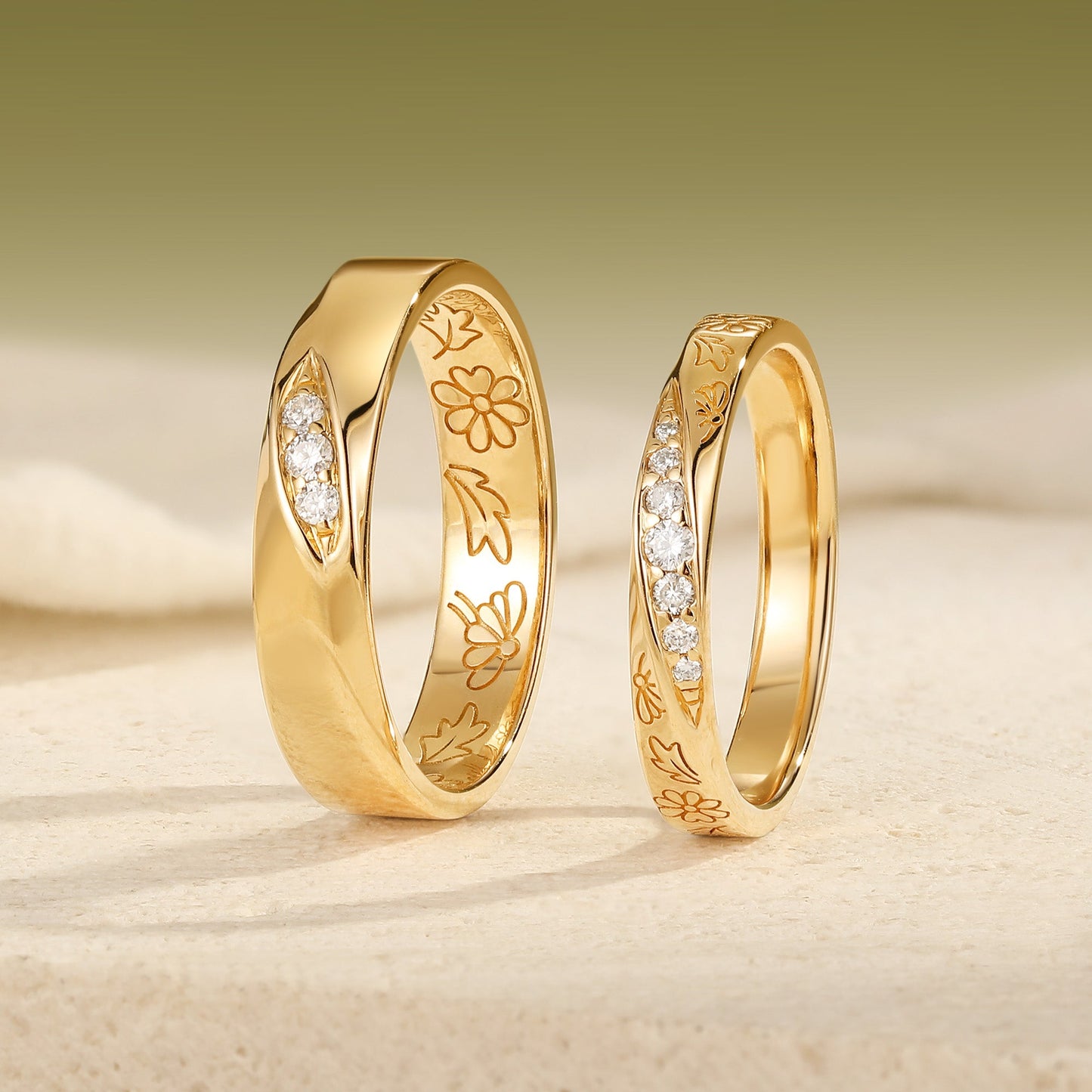 Vintage Moissanite Daisy Engraved Couple Wedding Band
