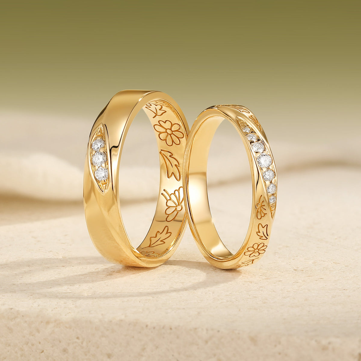 Vintage Moissanite Daisy Engraved Couple Wedding Band