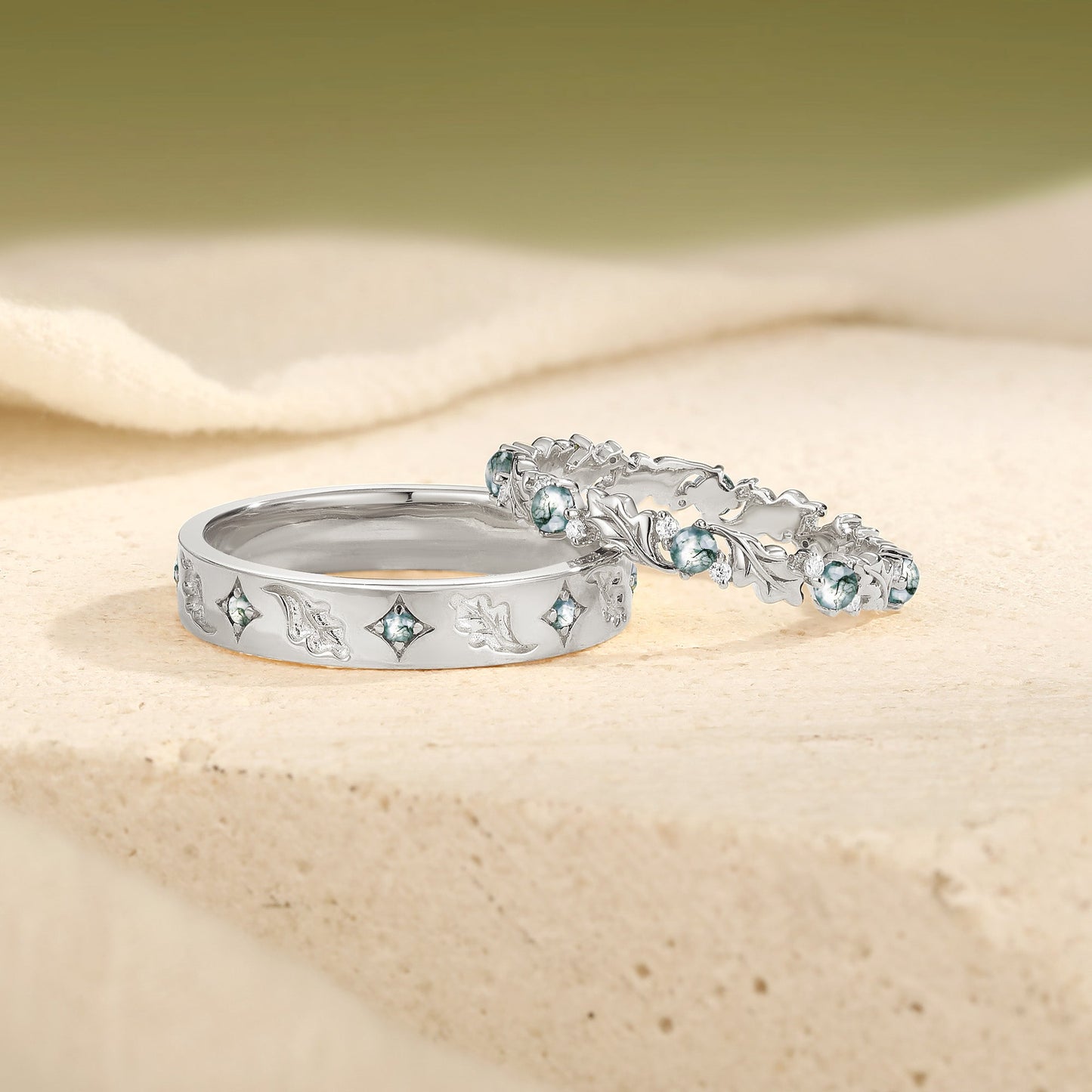 Nature-Inspired Oak Leaf Moss Agate Matching Wedding Band Set