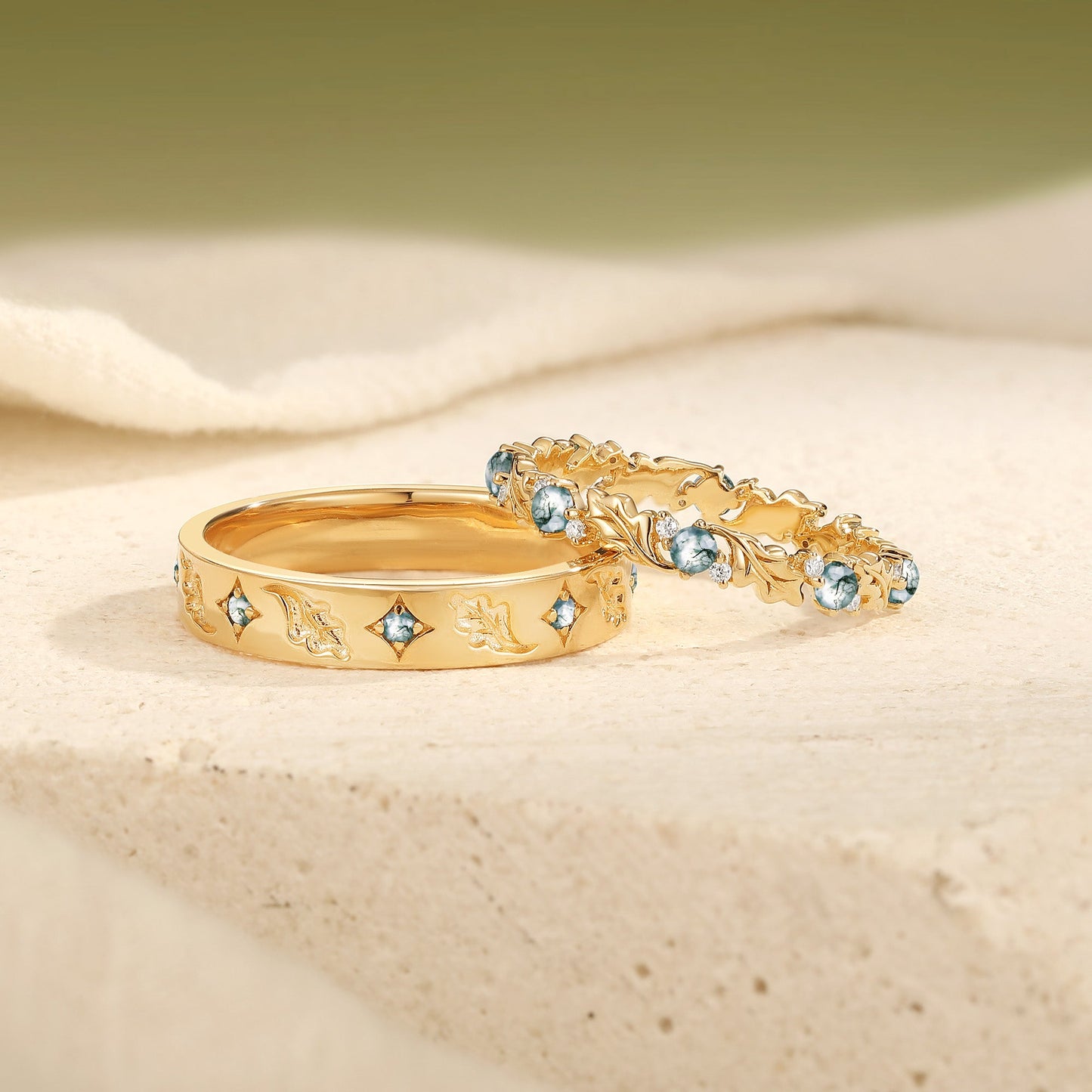 Nature-Inspired Oak Leaf Moss Agate Matching Wedding Band Set