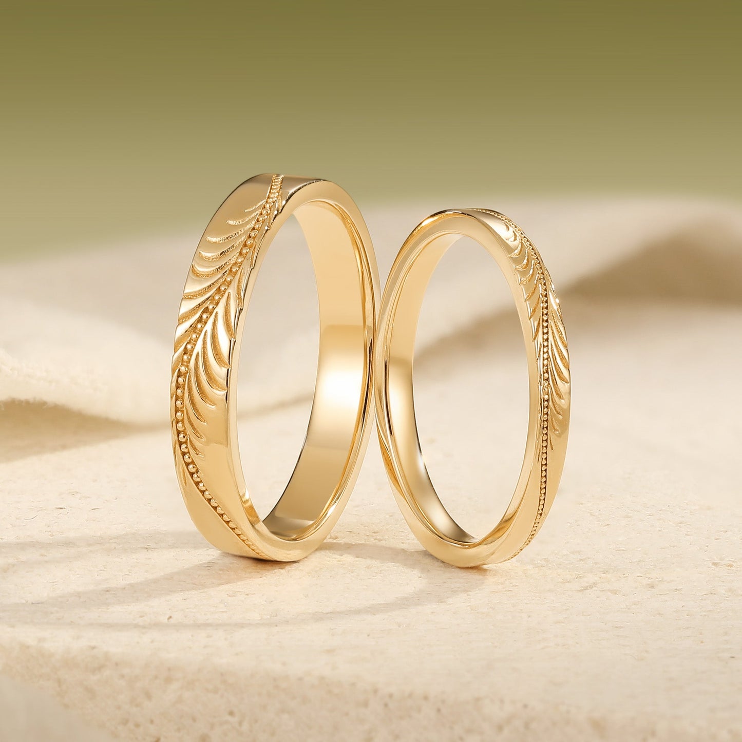 Vintage Feather-Engraved Milgrain Wedding Promise Anniversary Rings