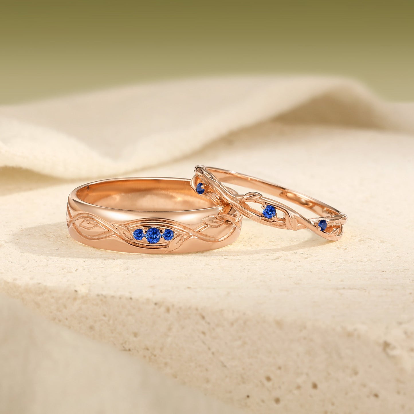 Intertwined Vine Carved Sapphire Matching Promise Anniversary Rings