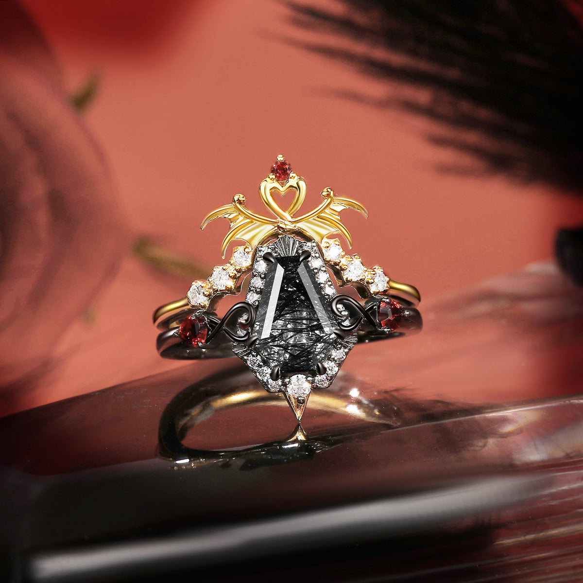 'Dark Arrow of Love' - Gothic Bat Wing Inspired Coffin Black Rutilated Quartz Two-Tone Bridal Set 2pcs