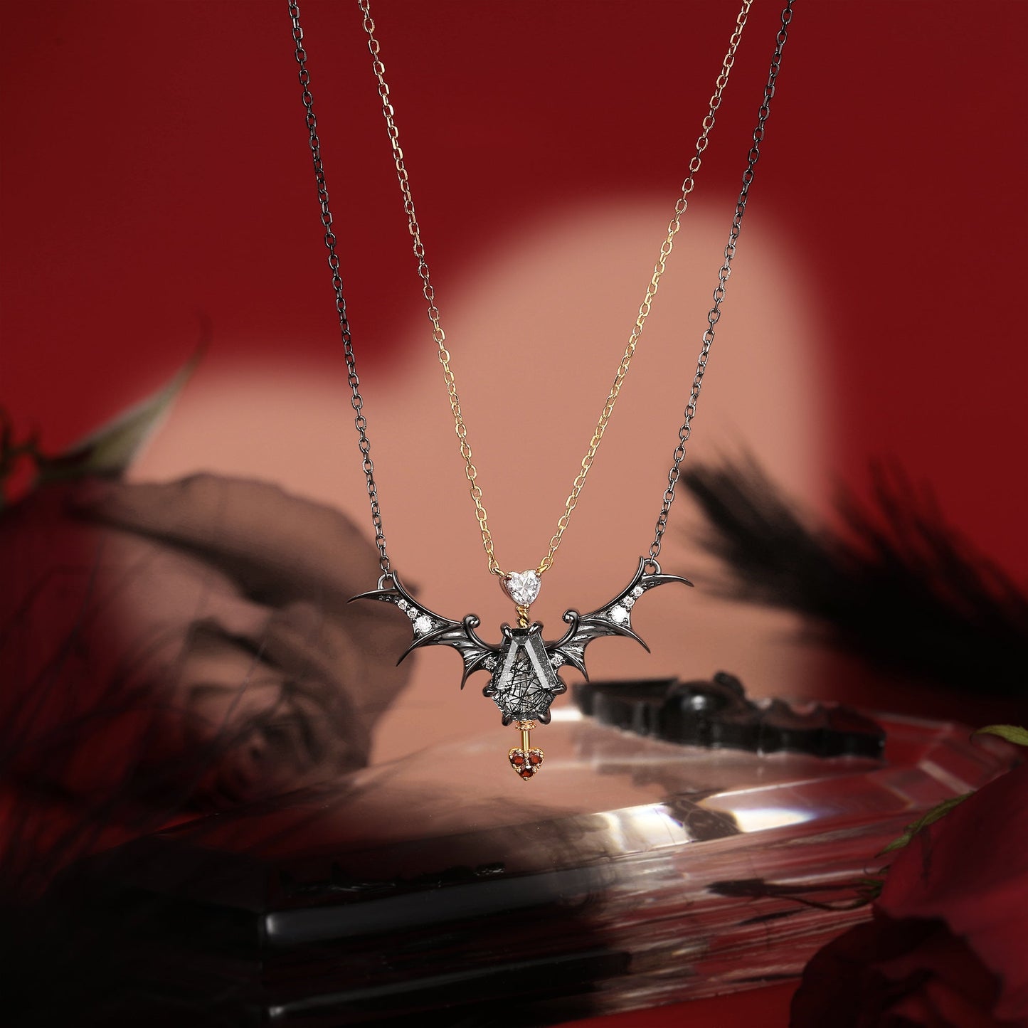 Gothic Style Coffin Black Rutilated Quartz Two-Tone Bat Wing Couple Necklaces Set 2pcs - 'Dark Arrow of Love'