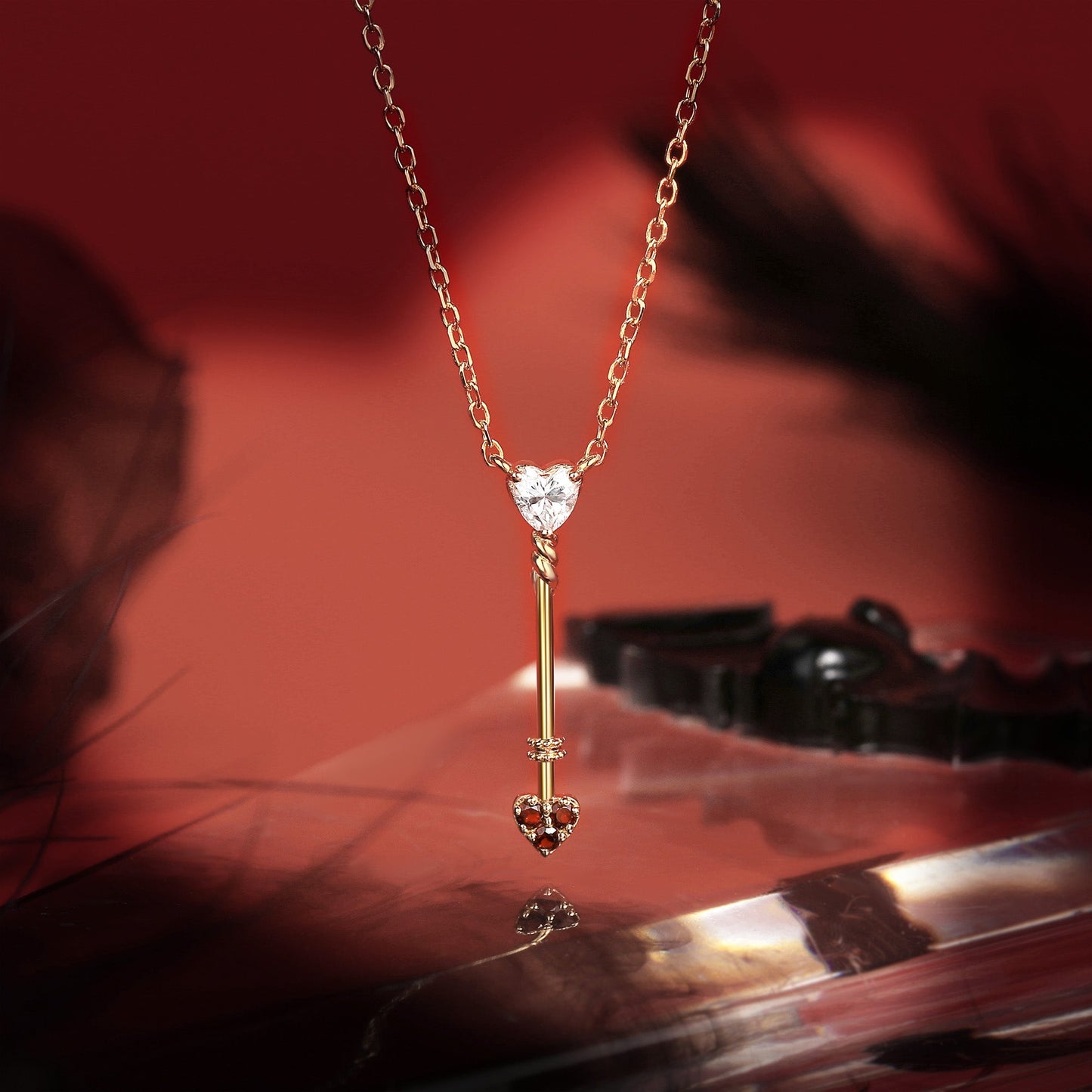 Gothic Style Coffin Black Rutilated Quartz Two-Tone Bat Wing Couple Necklaces Set 2pcs - 'Dark Arrow of Love'