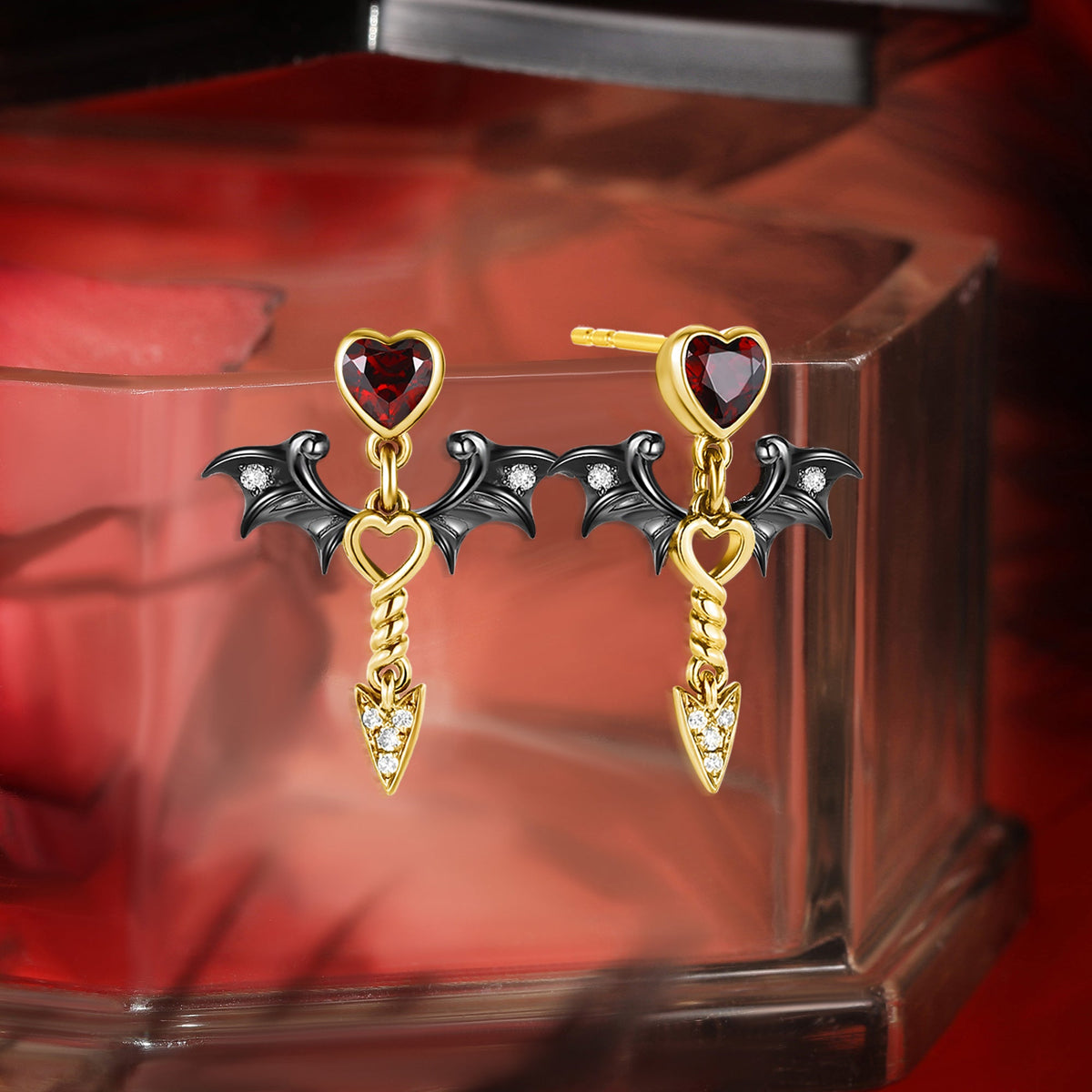 Gothic Bat Inspired Heart Shaped Garnet Earrings - 'Dark Arrow of Love'