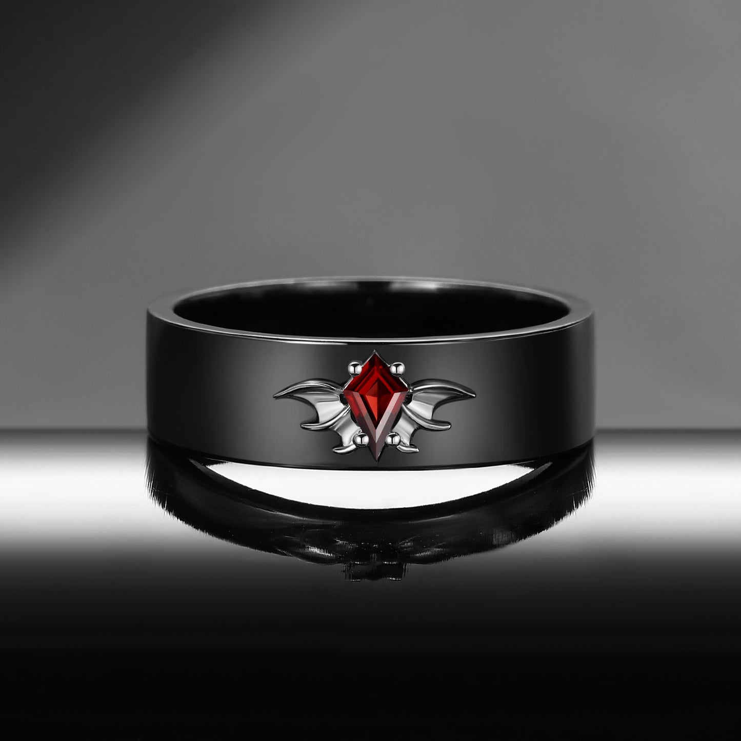 Gothic Bat Inspired Kite Cut Garnet Two-Tone Black Gold Wedding Band