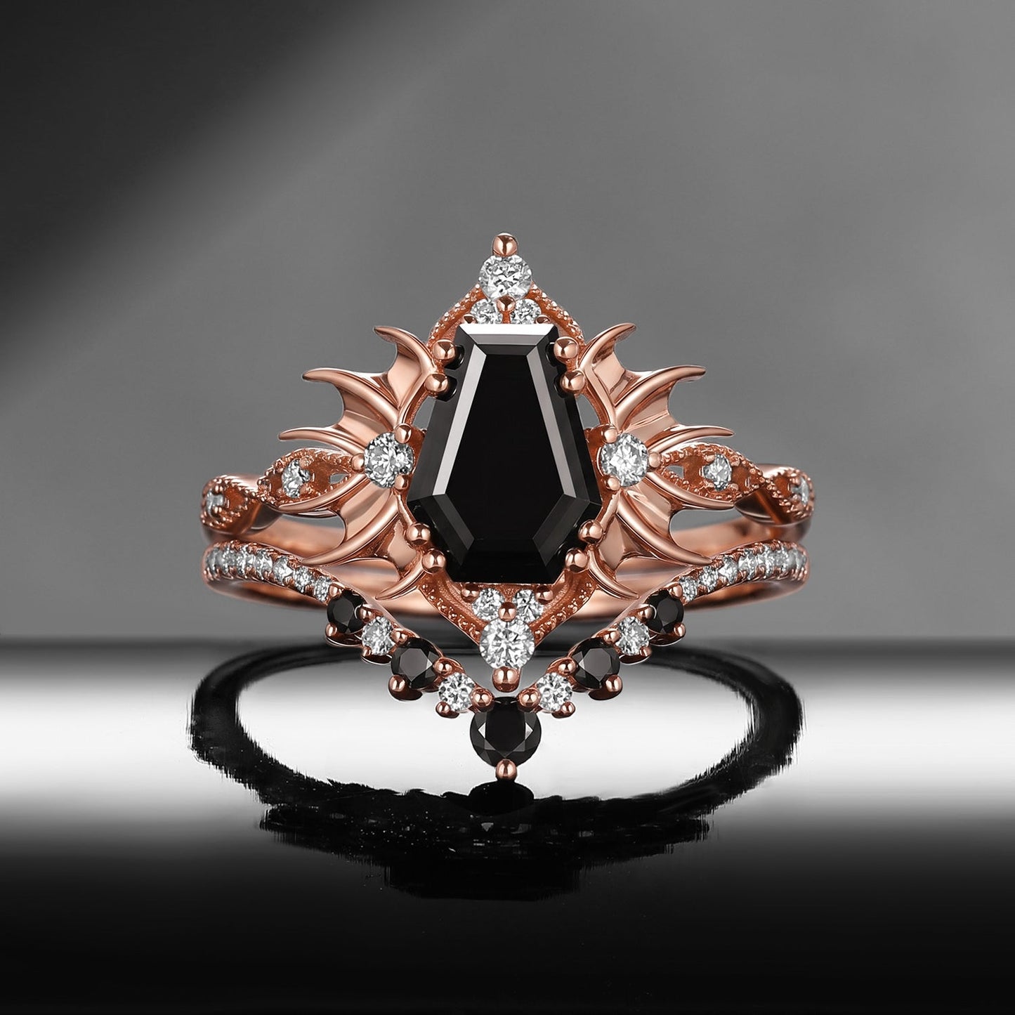 'Angel in Disguise' - Gothic Coffin Black Moissanite Vintage Bat Engagement Ring Set with Bat Wing Detailing
