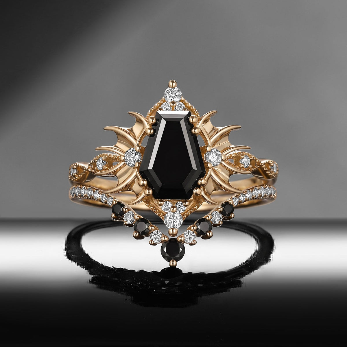 'Angel in Disguise' - Gothic Coffin Black Moissanite Vintage Bat Engagement Ring Set with Bat Wing Detailing