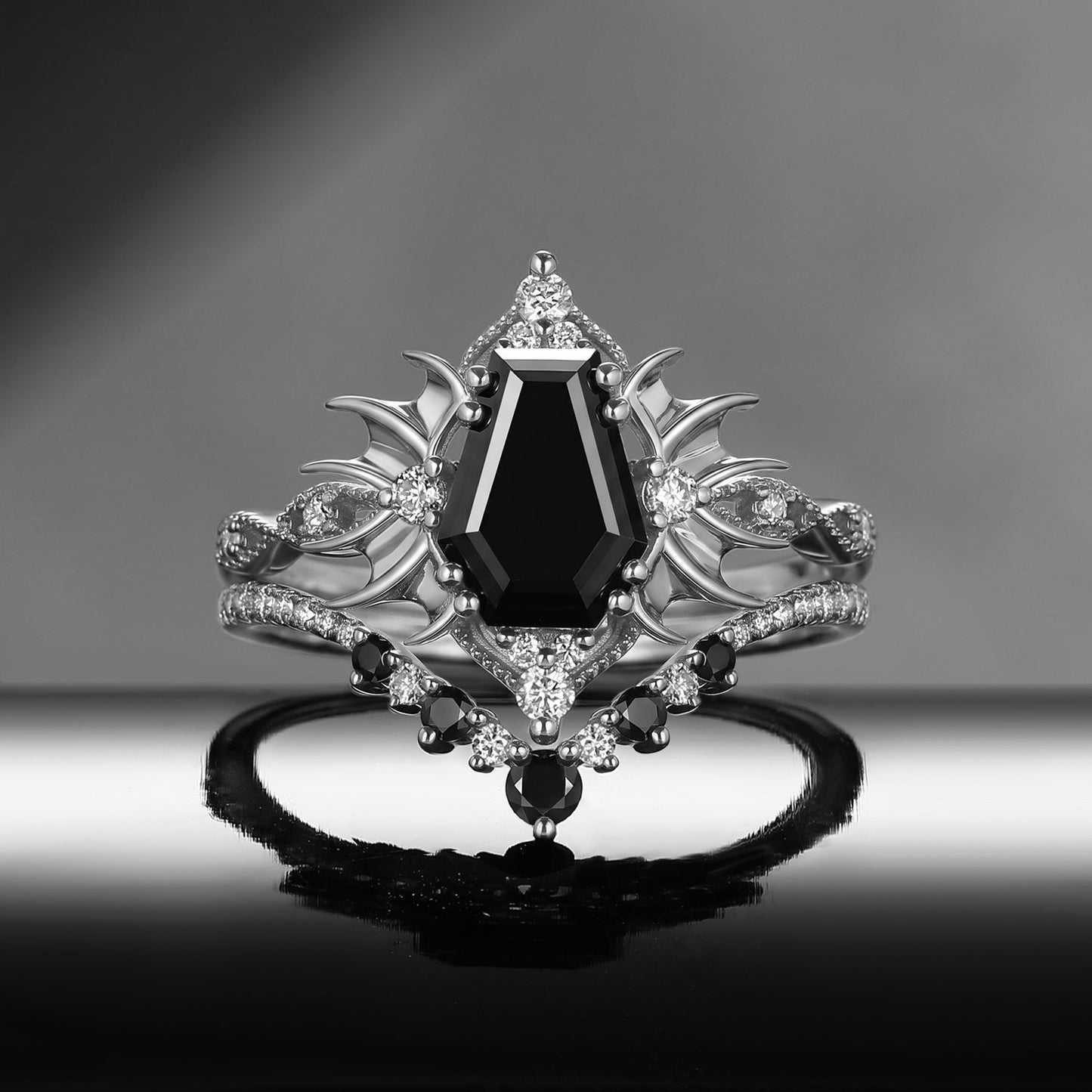 'Angel in Disguise' - Gothic Coffin Black Moissanite Vintage Bat Engagement Ring Set with Bat Wing Detailing