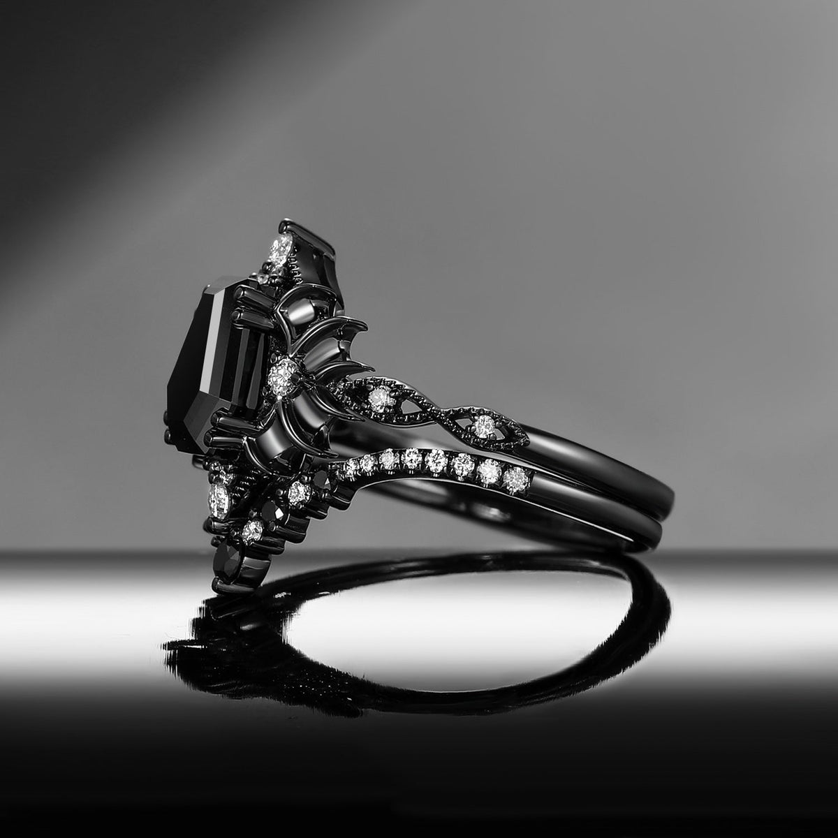 'Angel in Disguise' - Gothic Coffin Black Moissanite Vintage Bat Engagement Ring Set with Bat Wing Detailing