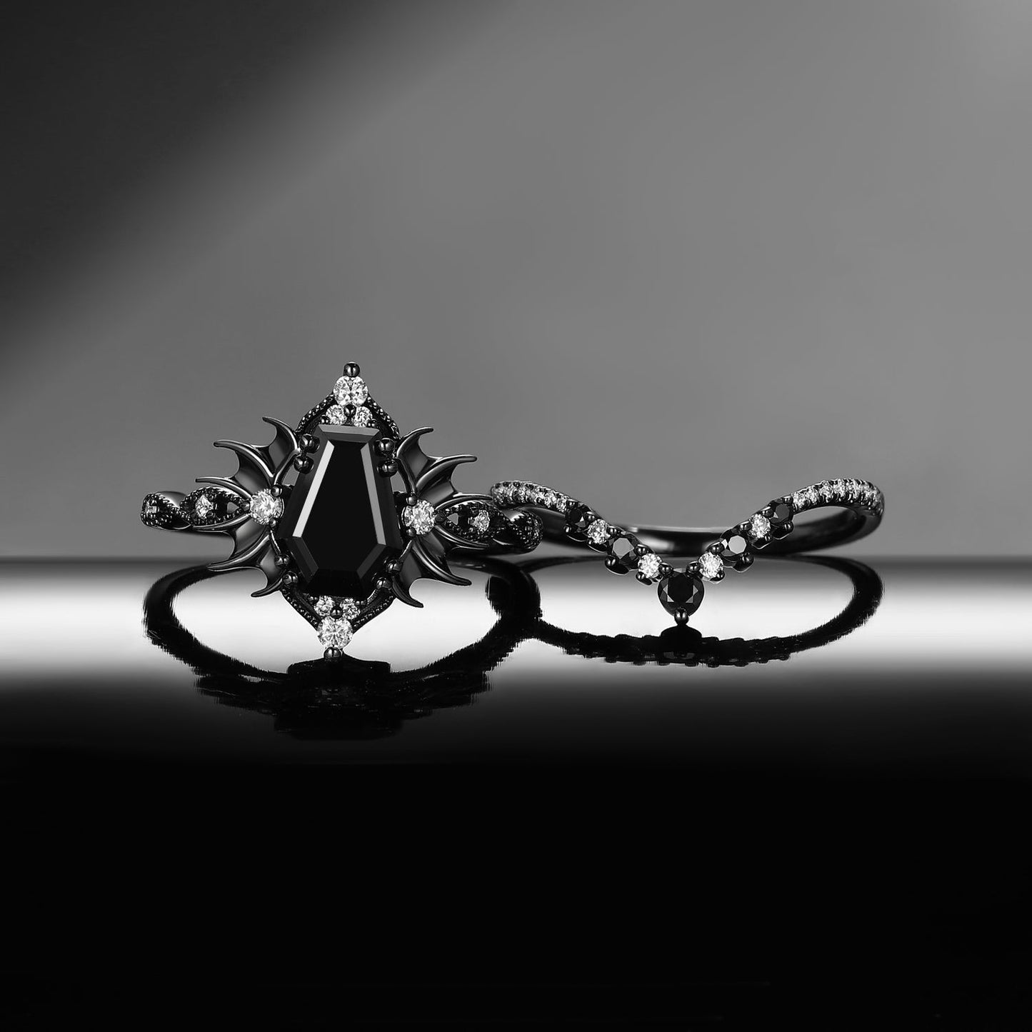 'Angel in Disguise' - Gothic Coffin Black Moissanite Vintage Bat Engagement Ring Set with Bat Wing Detailing