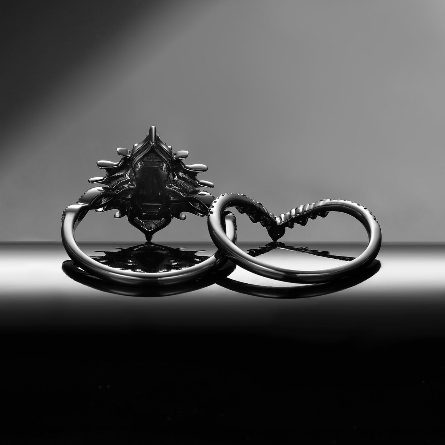 'Angel in Disguise' - Gothic Coffin Black Moissanite Vintage Bat Engagement Ring Set with Bat Wing Detailing