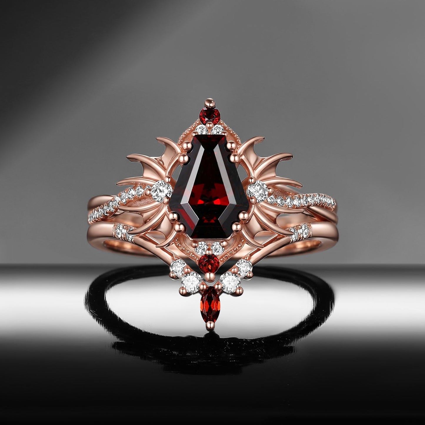 'Angel in Disguise' - Gothic Coffin Garnet Infinity Bat Engagement Ring Set in Black Gold