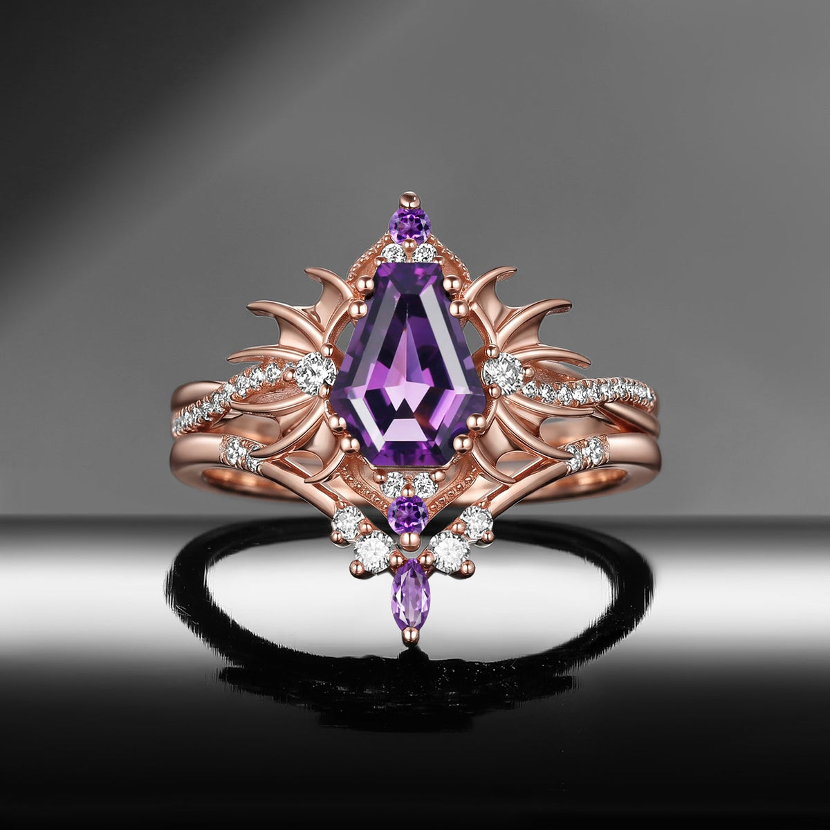 'Angel in Disguise' - Gothic Coffin Amethyst Infinity Bat Engagement Ring Set in Black Gold