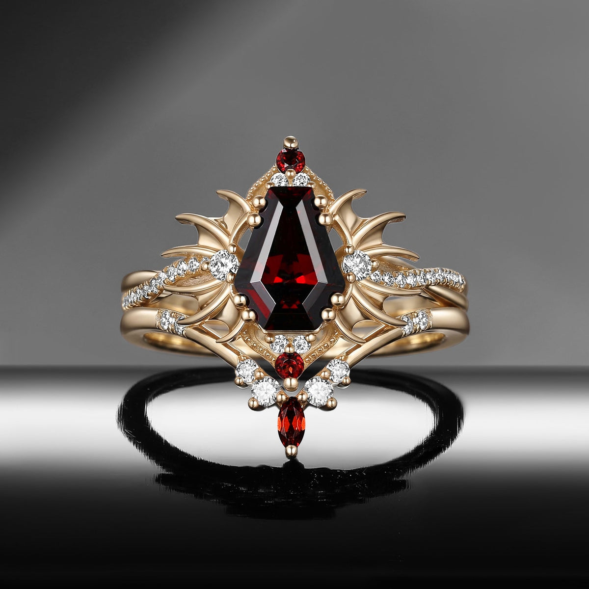 'Angel in Disguise' - Gothic Coffin Garnet Infinity Bat Engagement Ring Set in Black Gold