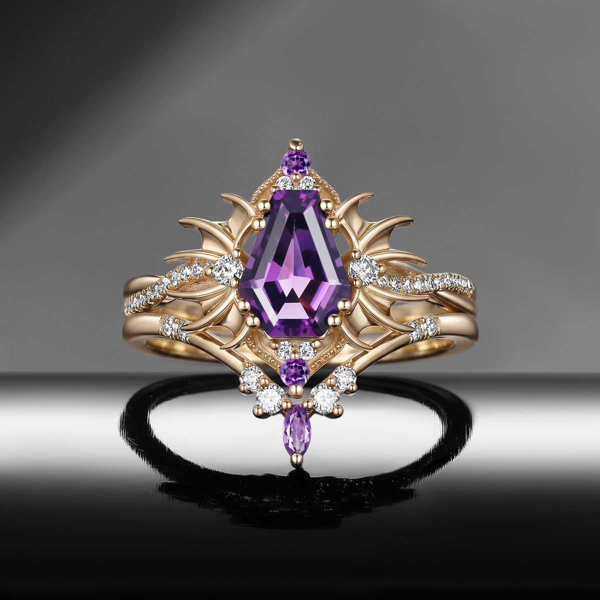 'Angel in Disguise' - Gothic Coffin Amethyst Infinity Bat Engagement Ring Set in Black Gold