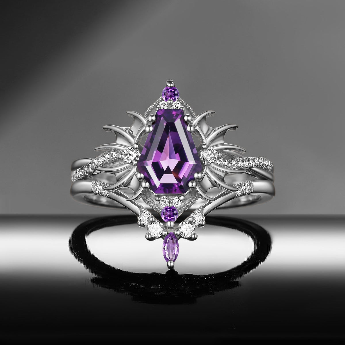 'Angel in Disguise' - Gothic Coffin Amethyst Infinity Bat Engagement Ring Set in Black Gold