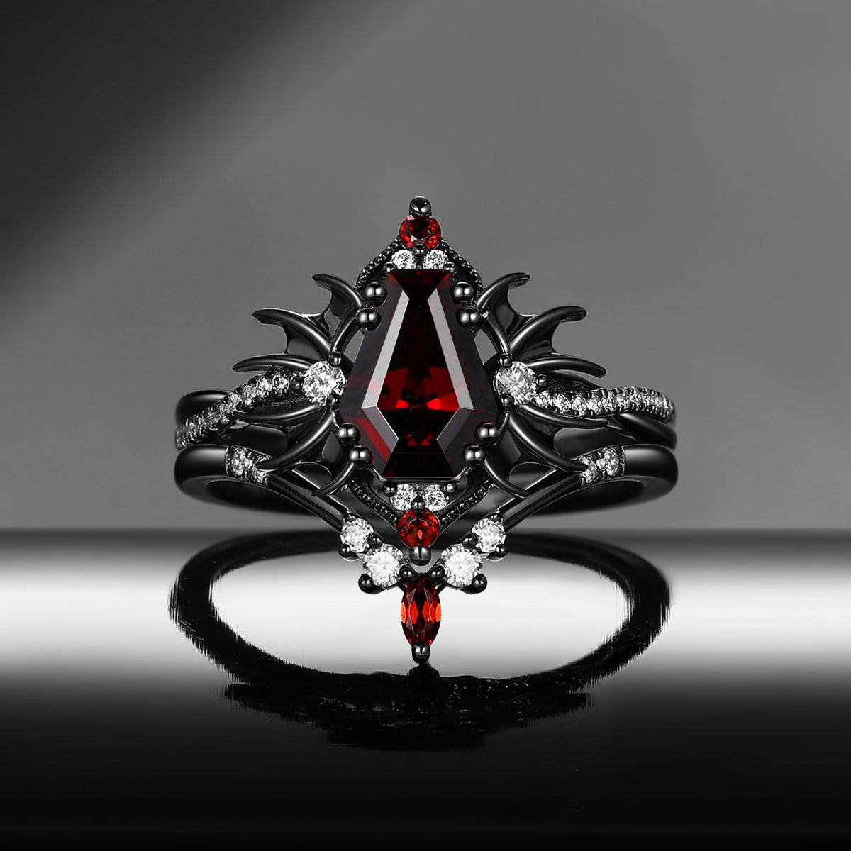 'Angel in Disguise' - Gothic Coffin Garnet Infinity Bat Engagement Ring Set in Black Gold