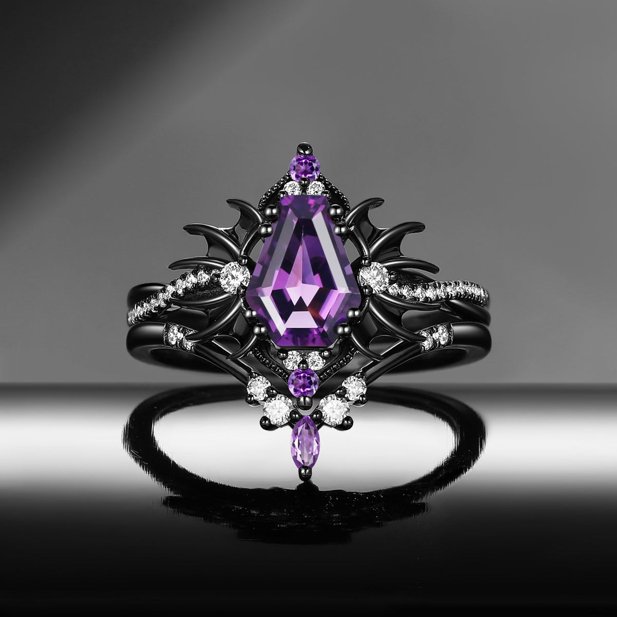 'Angel in Disguise' - Gothic Coffin Amethyst Infinity Bat Engagement Ring Set in Black Gold