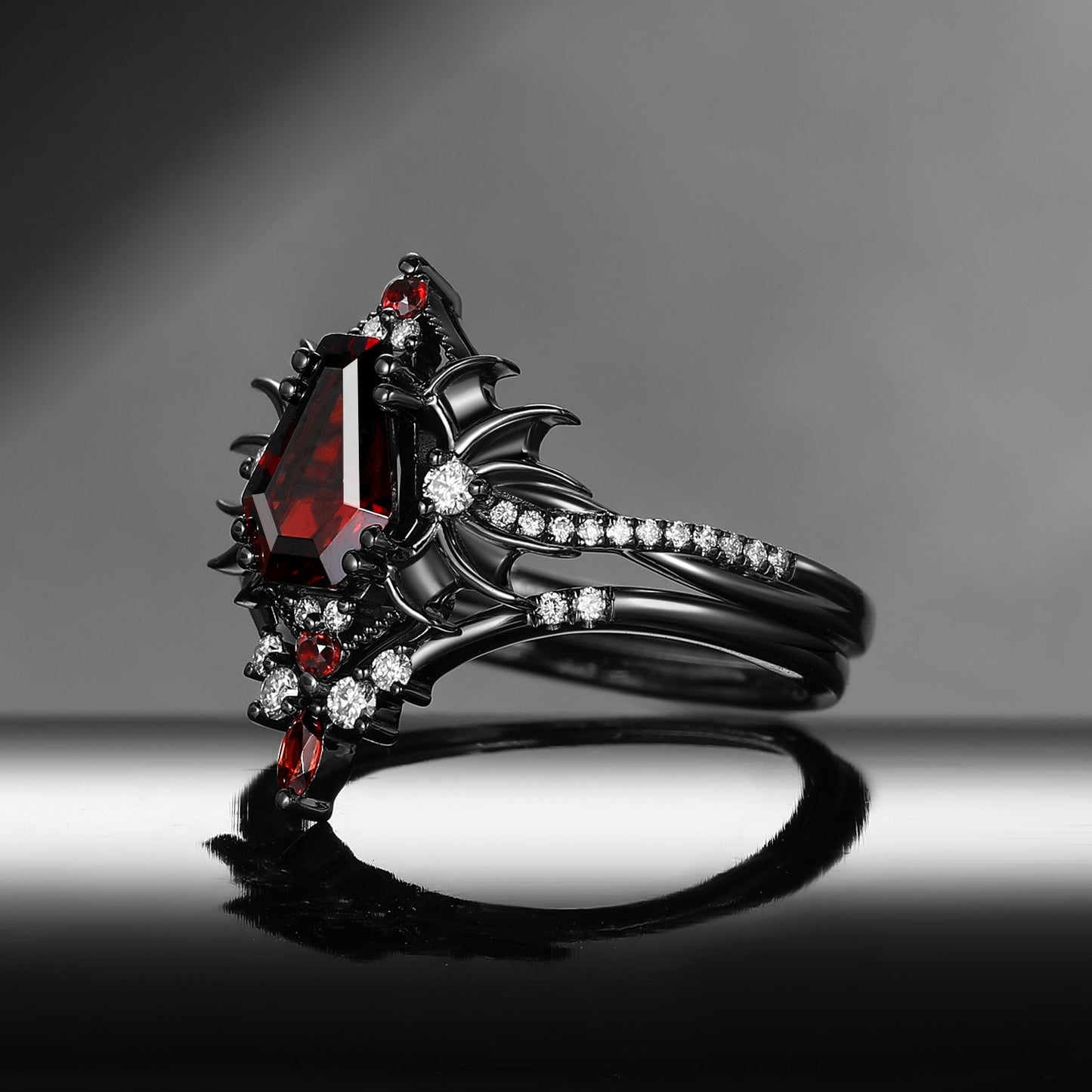 'Angel in Disguise' - Gothic Coffin Garnet Infinity Bat Engagement Ring Set in Black Gold