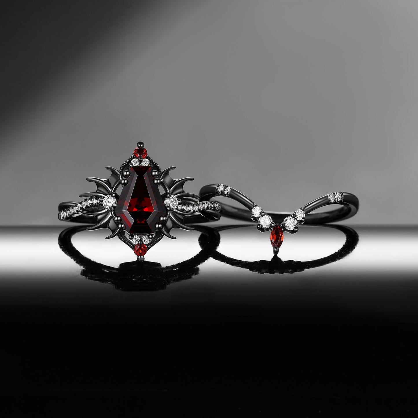 'Angel in Disguise' - Gothic Coffin Garnet Infinity Bat Engagement Ring Set in Black Gold