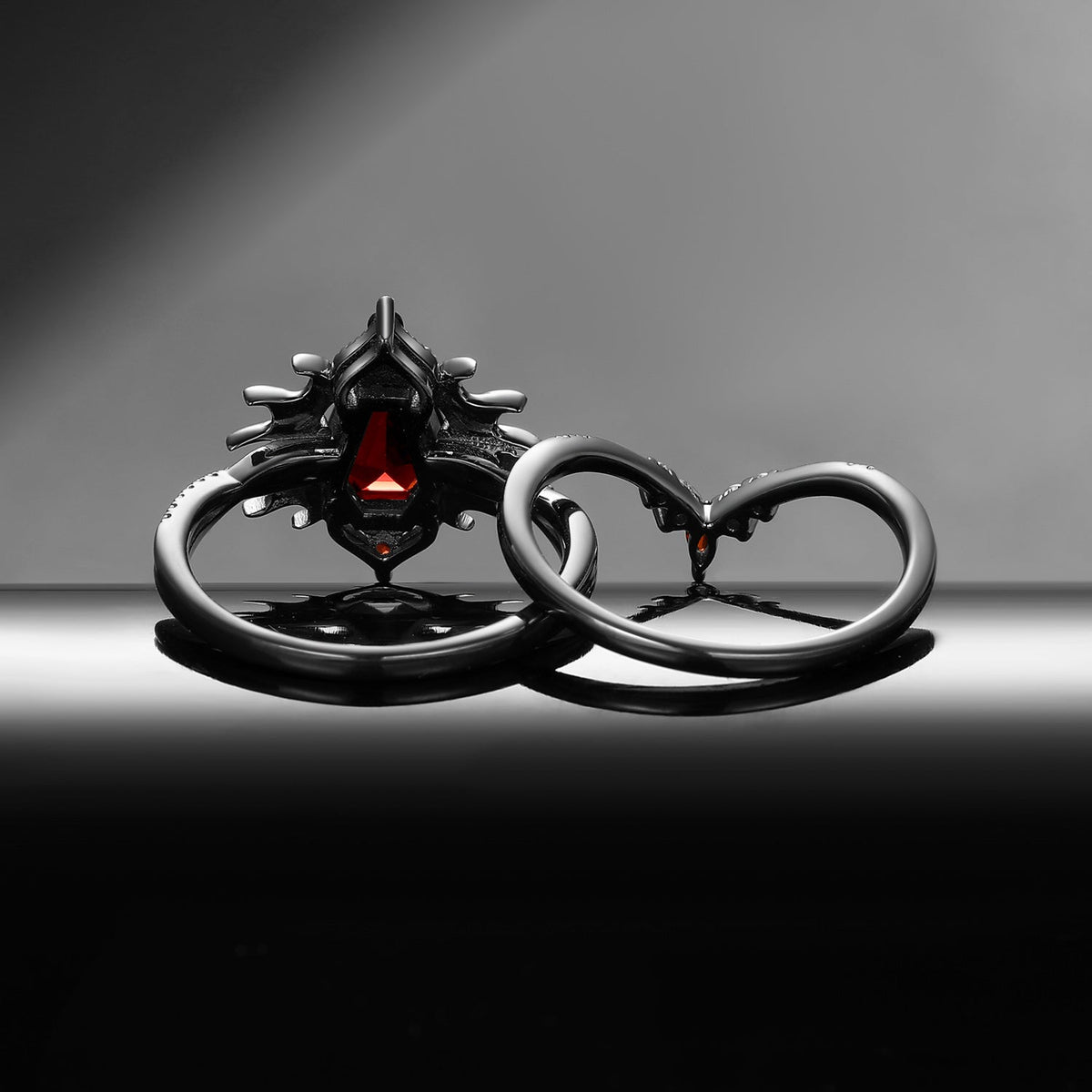 'Angel in Disguise' - Gothic Coffin Garnet Infinity Bat Engagement Ring Set in Black Gold
