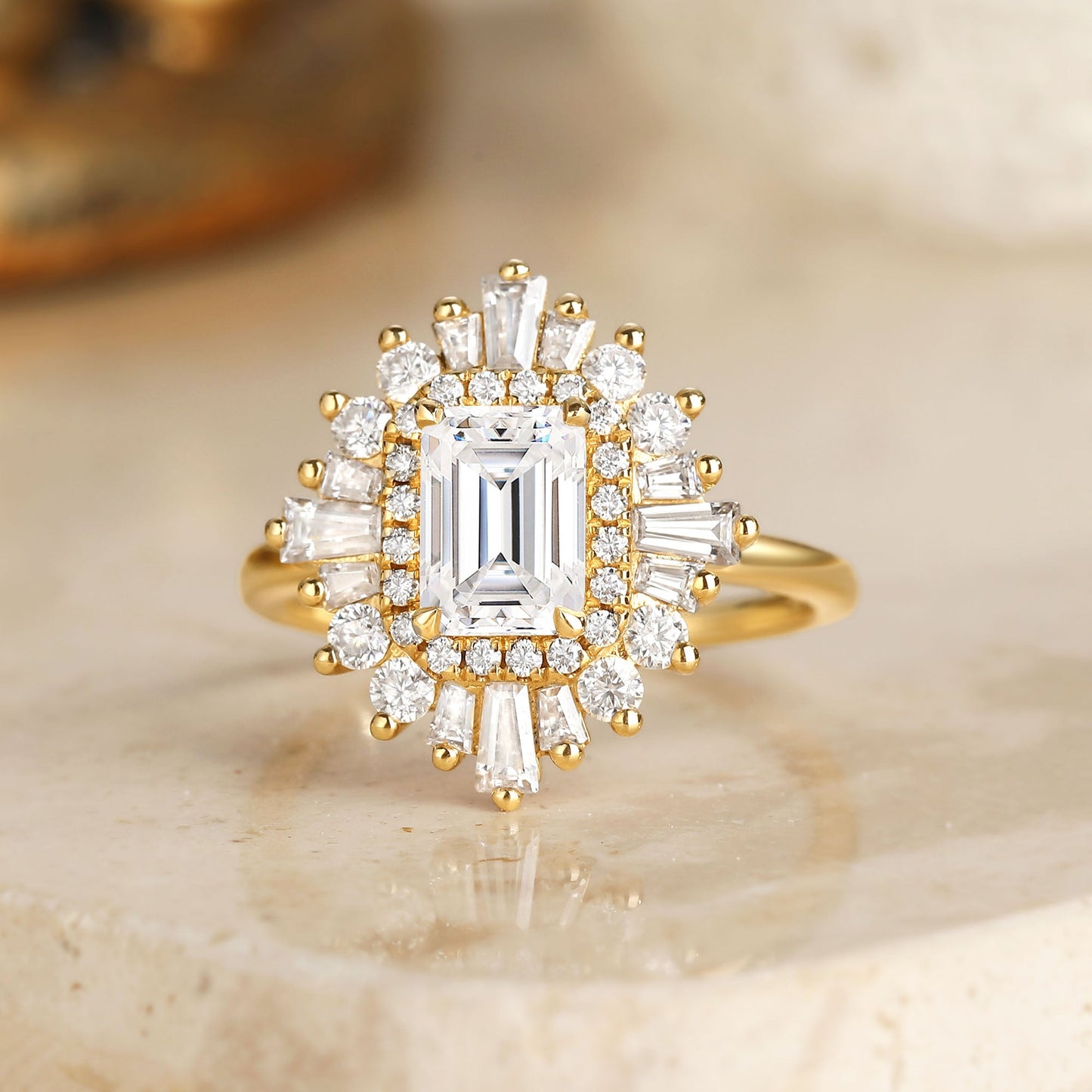 Art Deco Emerald Cut Moissanite Stacking Halo Engagement Ring - Isadora