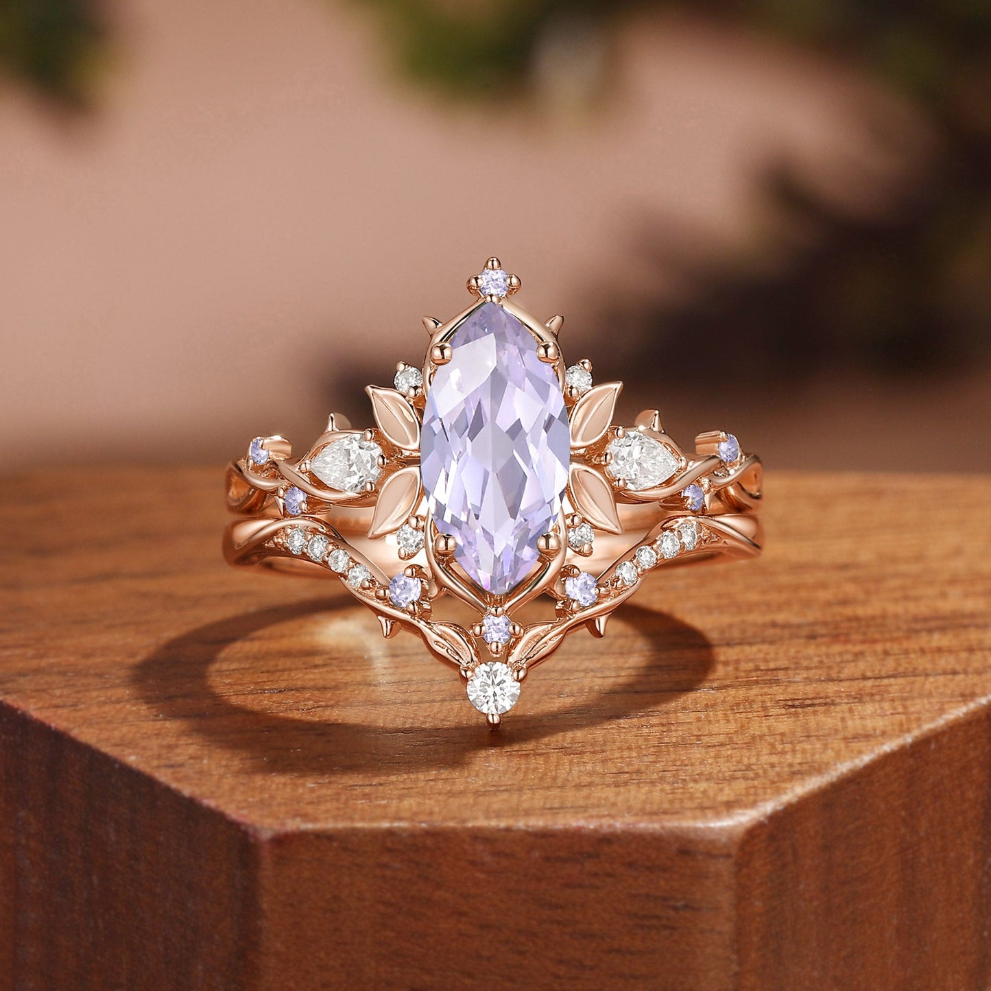 Forest Fairy Marquise Cut Lavender Sapphire Leafy Inspired Bridal Set 2pcs - Fae