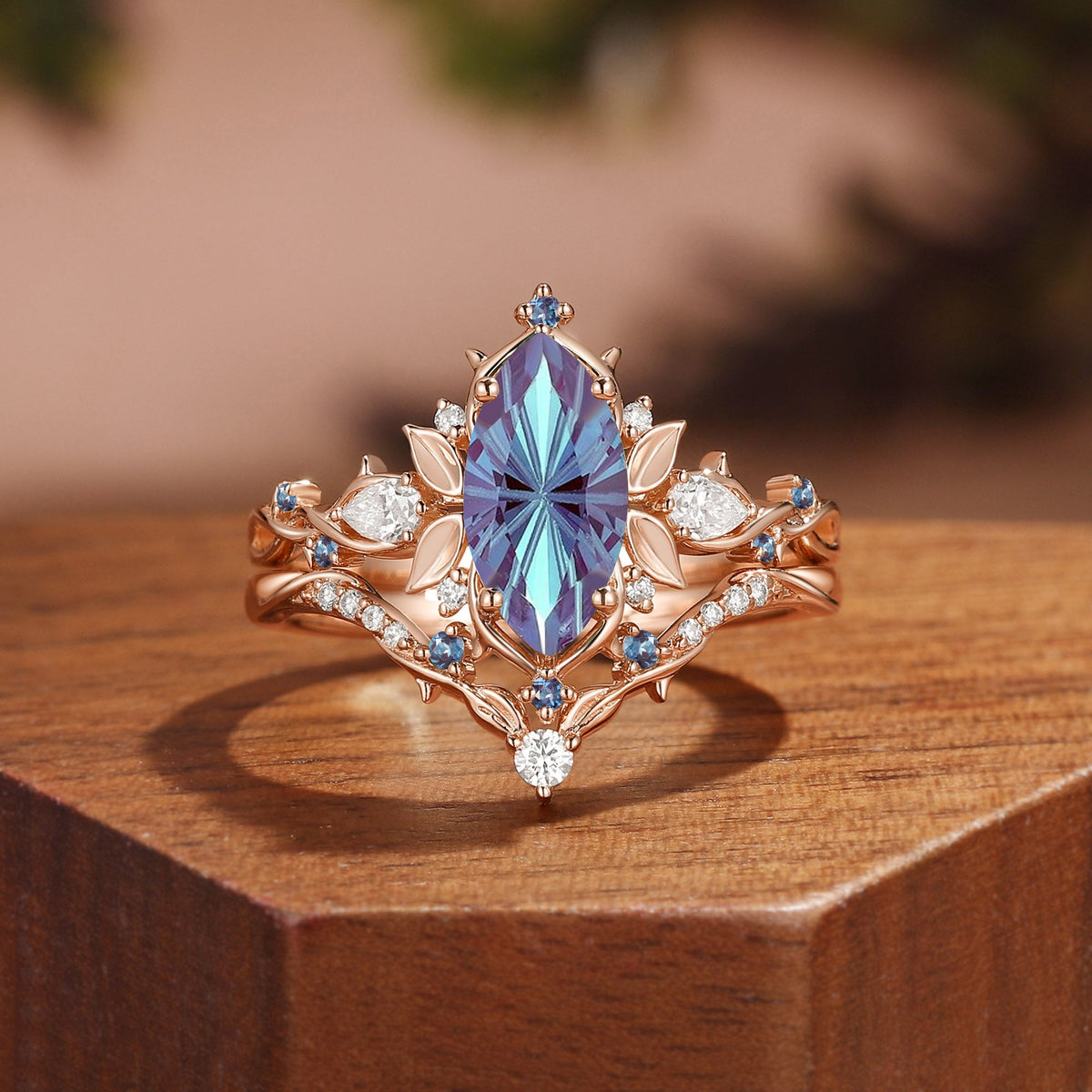 Forest Fairy Marquise Firework Cut Alexandrite Leafy Inspired Bridal Set 2pcs - Fae