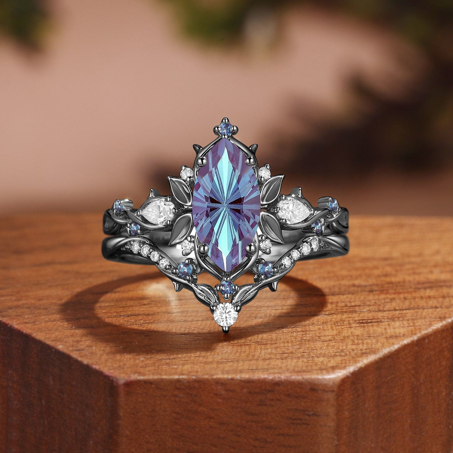 Forest Fairy Marquise Firework Cut Alexandrite Leafy Inspired Bridal Set 2pcs - Fae