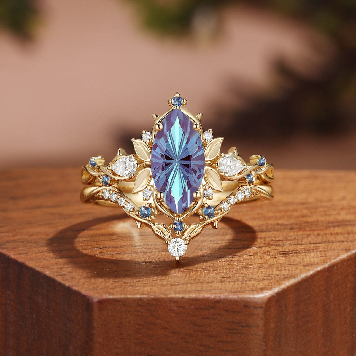 Forest Fairy Marquise Firework Cut Alexandrite Leafy Inspired Bridal Set 2pcs - Fae