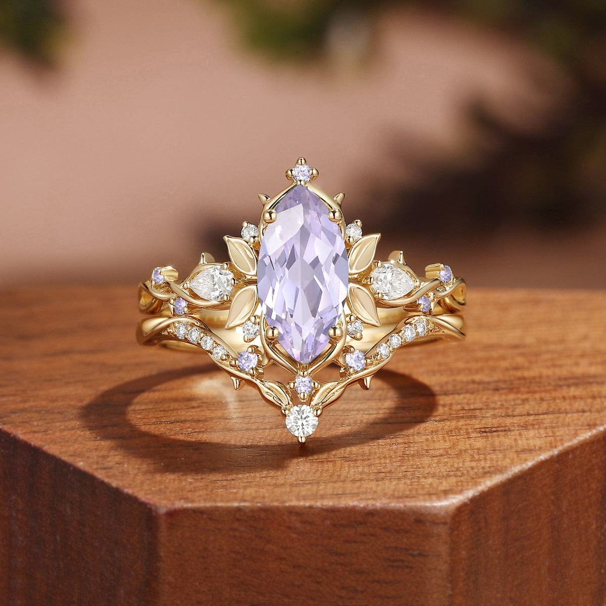 Forest Fairy Marquise Cut Lavender Sapphire Leafy Inspired Bridal Set 2pcs - Fae