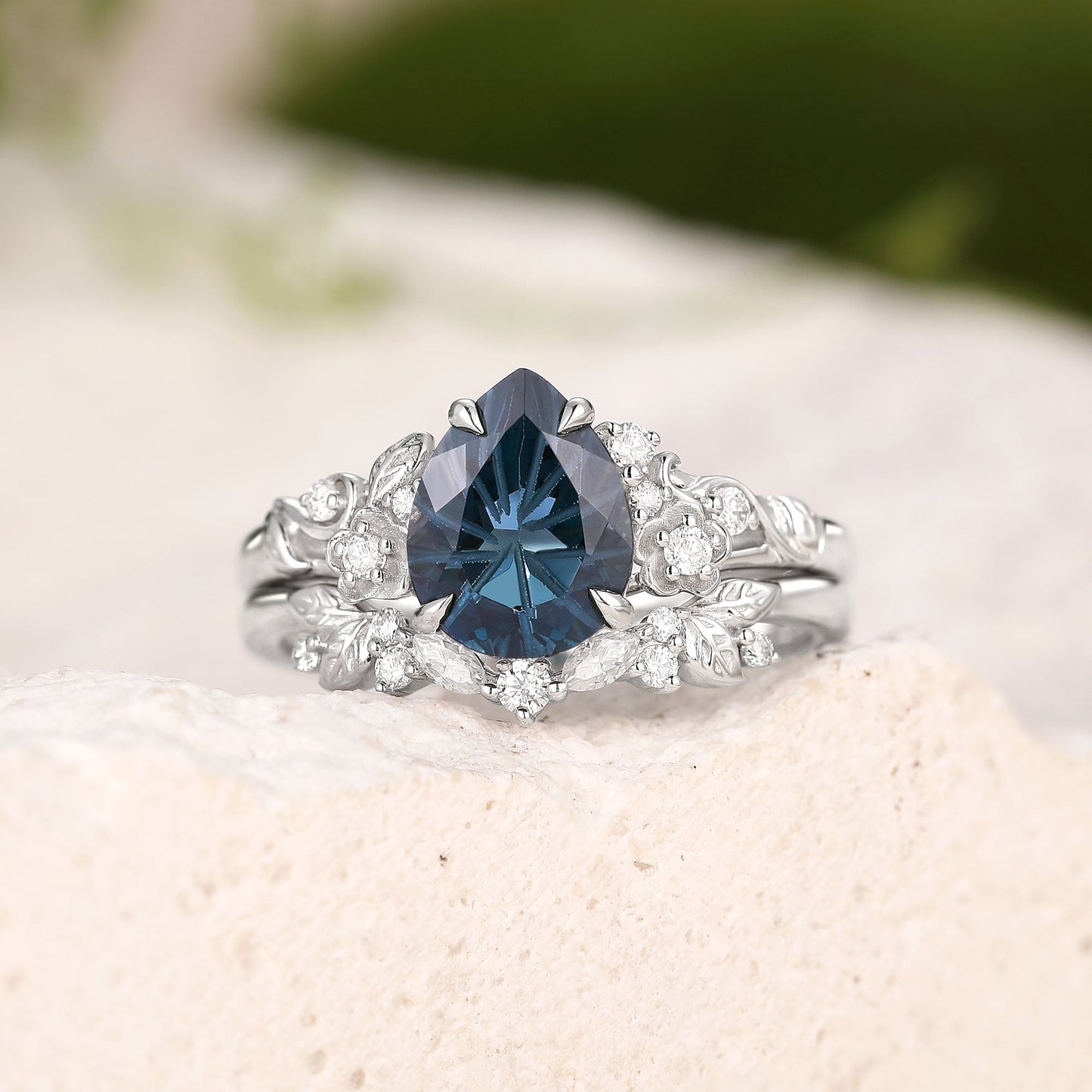 Pear Cut Firework London Blue Topaz Flower Dainty Engagement Ring Sets 2pcs - Suffix