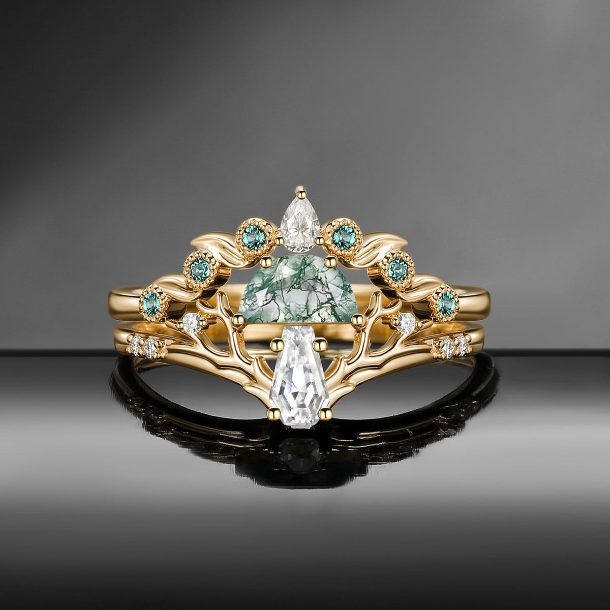 Tree of Life - Nature Inspired Half Moon Moss Agate + Coffin Cut Moissanite Mushroom Engagement Ring Set with Tree-Branch Inspired Band