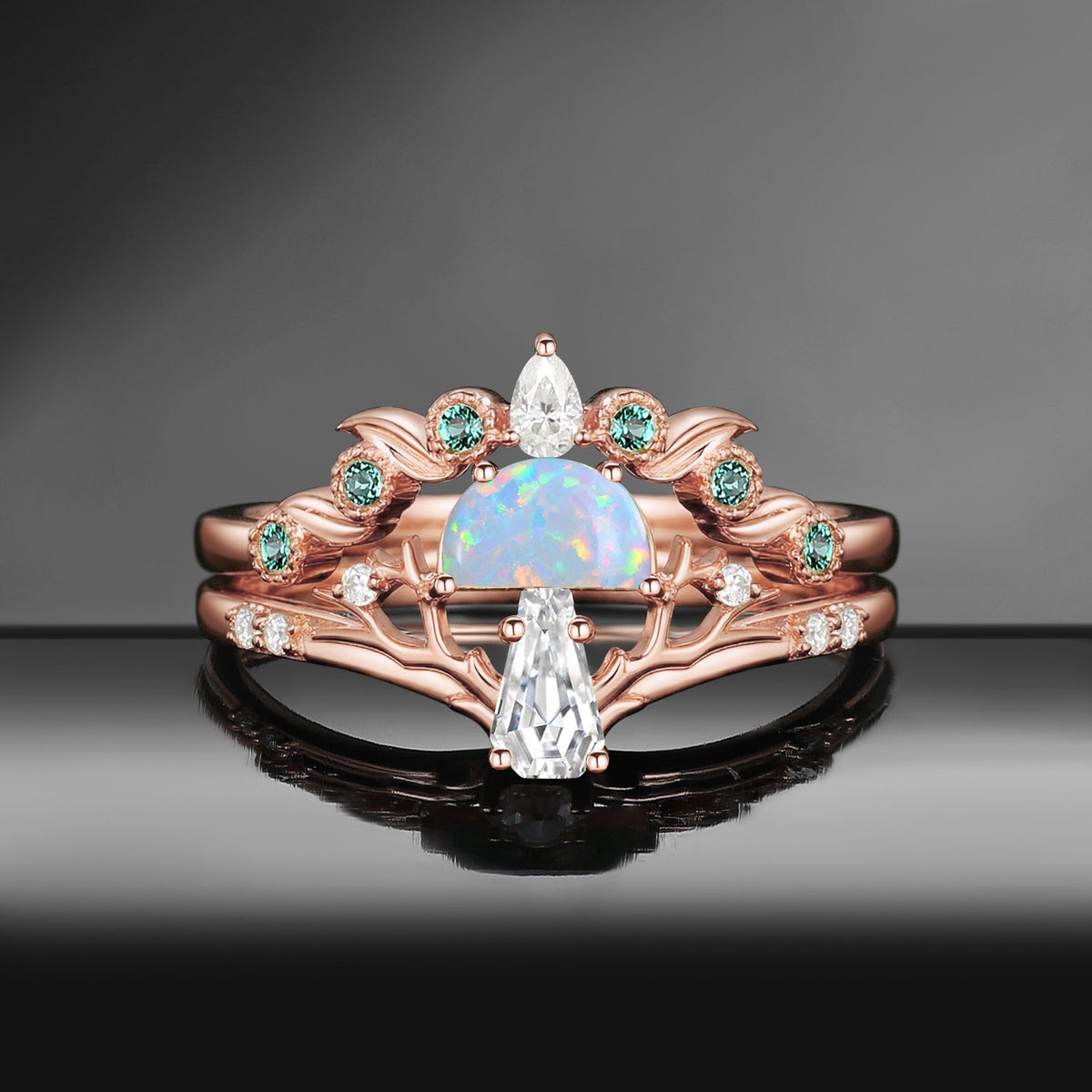 Tree of Life - Nature Inspired Half Moon Moss Agate + Coffin Cut Moissanite Mushroom Engagement Ring Set with Tree-Branch Inspired Band