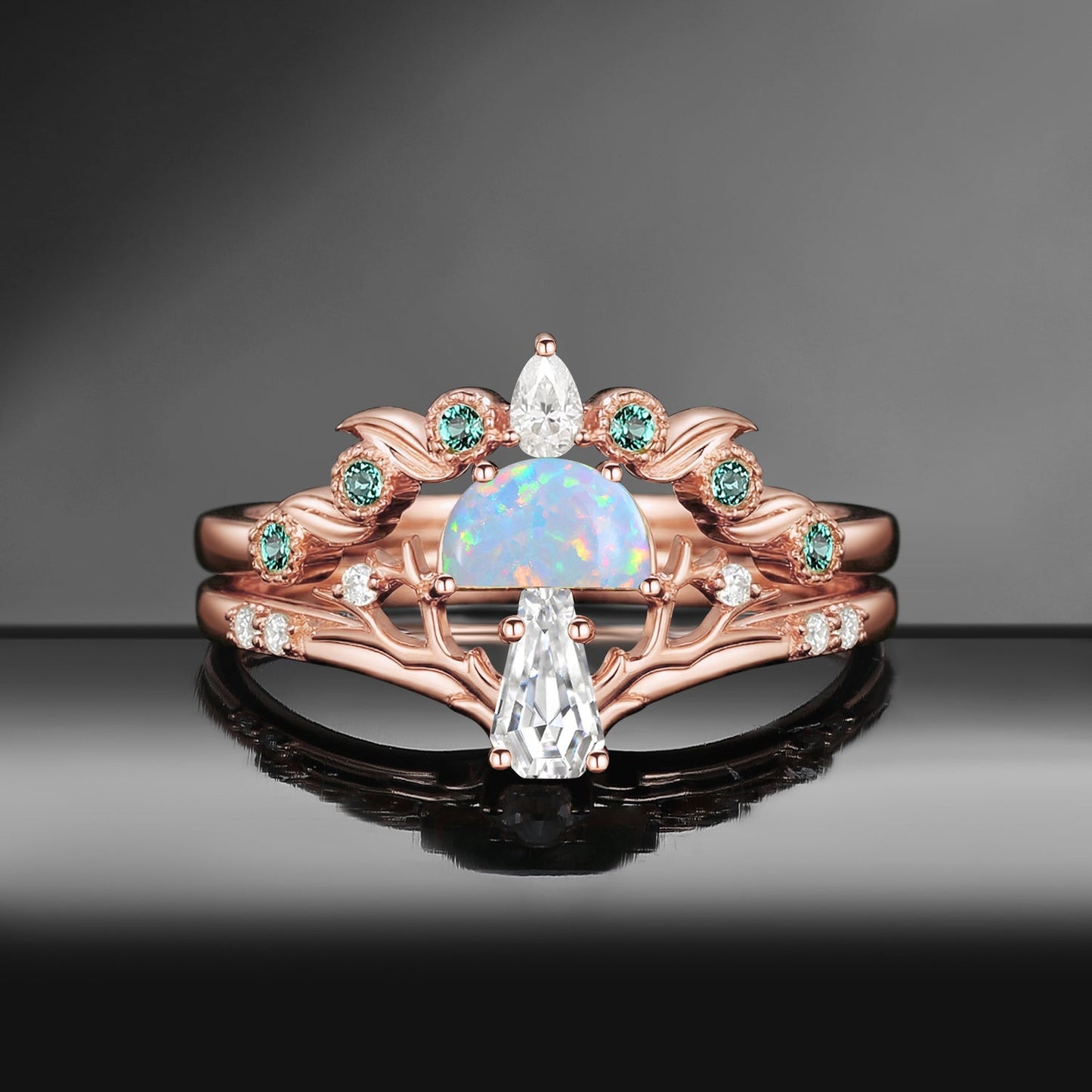 Tree of Life – Nature Inspired Half Moon Black Rutilated Quartz & Coffin Moissanite Mushroom Engagement Ring Set