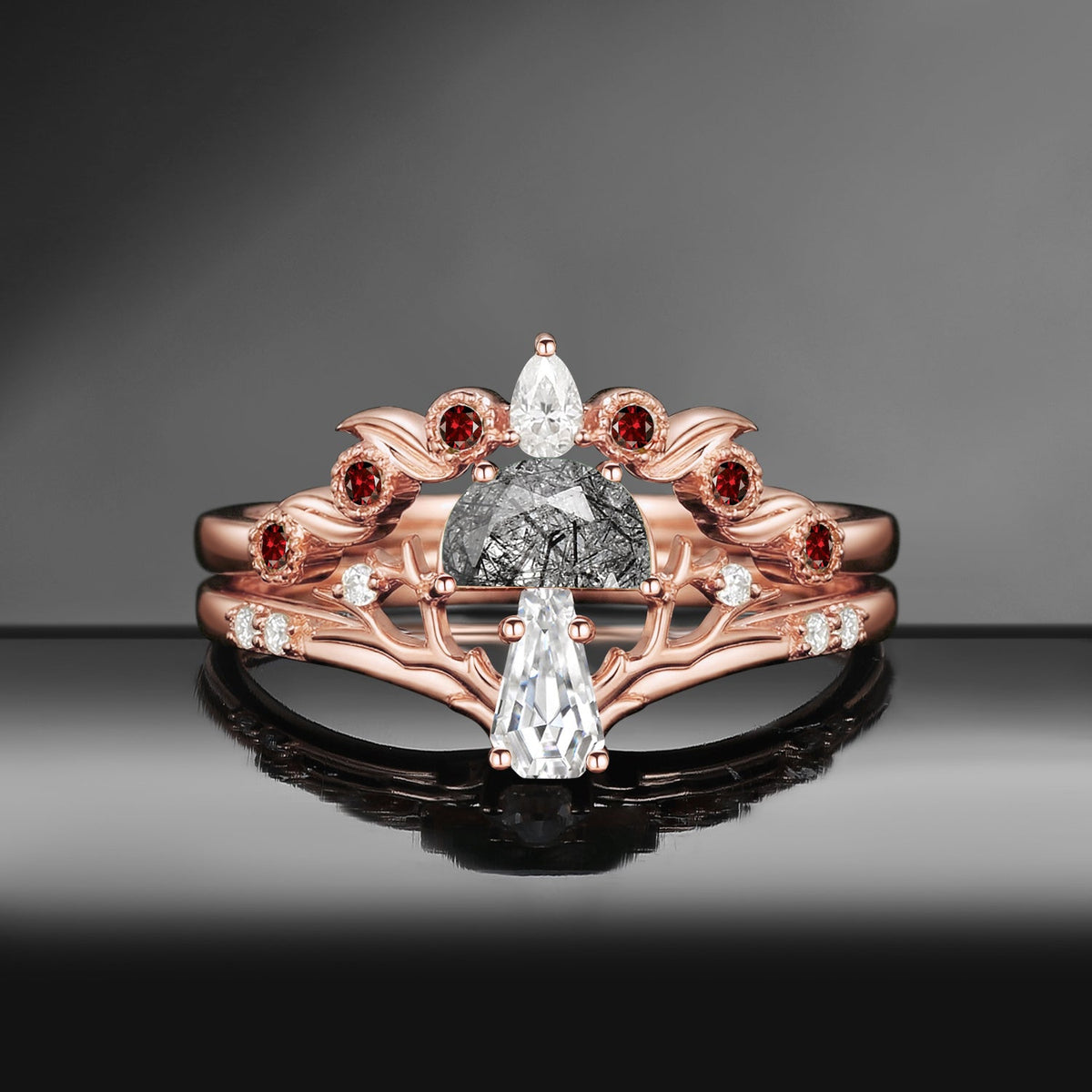 Tree of Life – Nature Inspired Half Moon Black Rutilated Quartz & Coffin Moissanite Mushroom Engagement Ring Set
